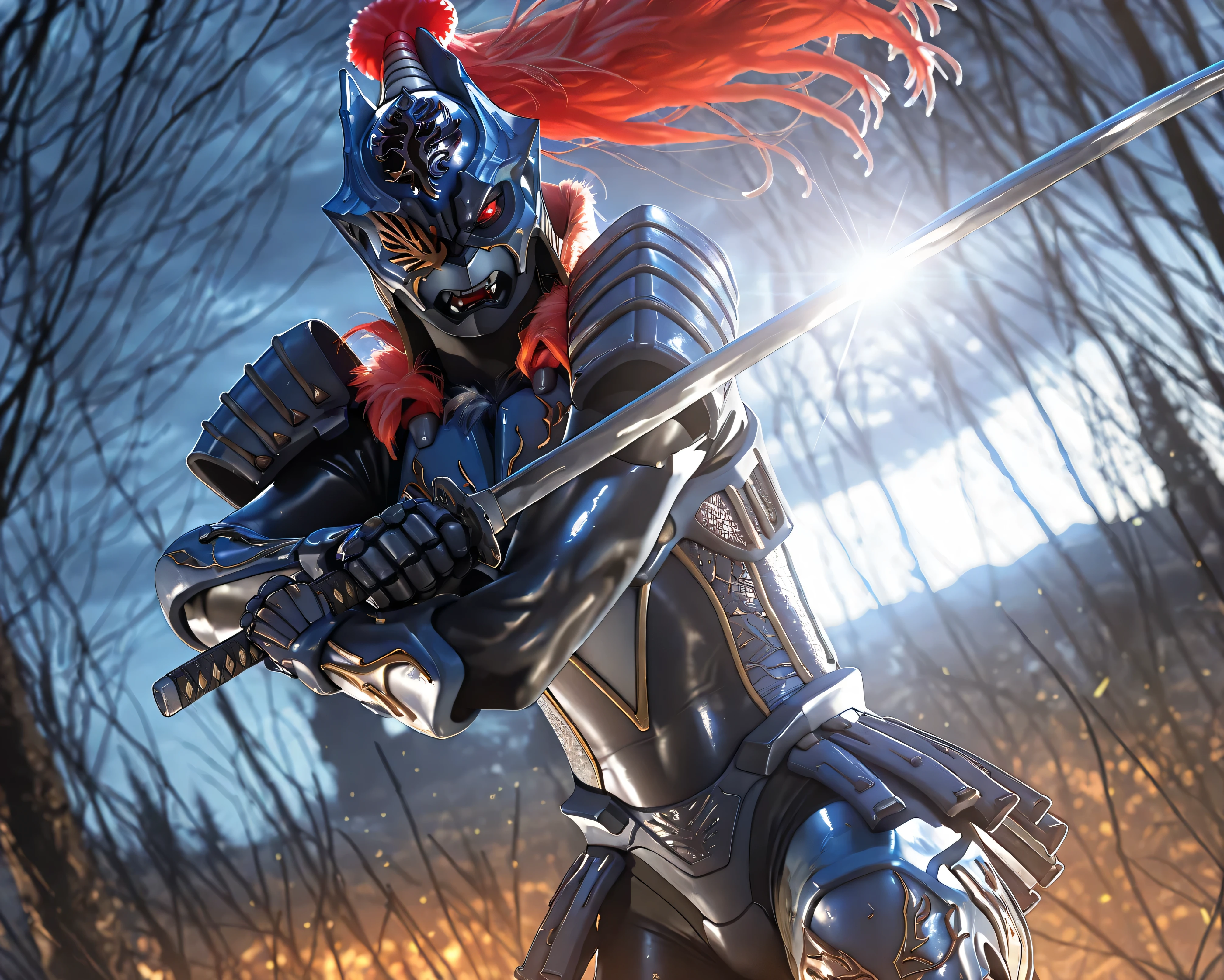 nsfw, furry male, shiny skin, (Zamushar), red hair, (pitch black body), white pupils, fangs, uneven eyes, (one-eyed), chest armor, waist armor, Gauntlets, (muscular), leg guard, sword guard stance, sword, weapon, solo, katana, holding, holding weapon, holding sword, looking at viewer, high collar, cowboy shot, dynamic pose, vibrant colors, floating hair, BREAK, (dutch angle), (blurry background), dynamic lighting, rim lighting, dawn, BREAK, masterpiece, best quality, official art, detailed, 4K, 8K, realistic, game cg, ultra-detailed, beautiful detailed eyes, very aesthetic, IllusP0s, 