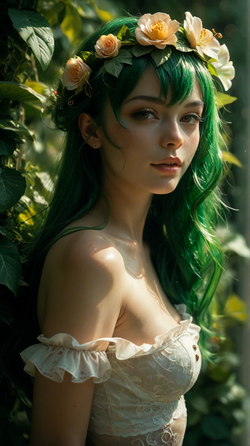 a girl. face sent feeling. Europe. Oval face. long face. delicate facial features. half-closed eyes. seductively seductive. green eyes. long straight hair. green hair. wreath on head. big breasts. big thighs. Sad. shy. green silk nightgown. shy sitting posture. straight face. outdoor