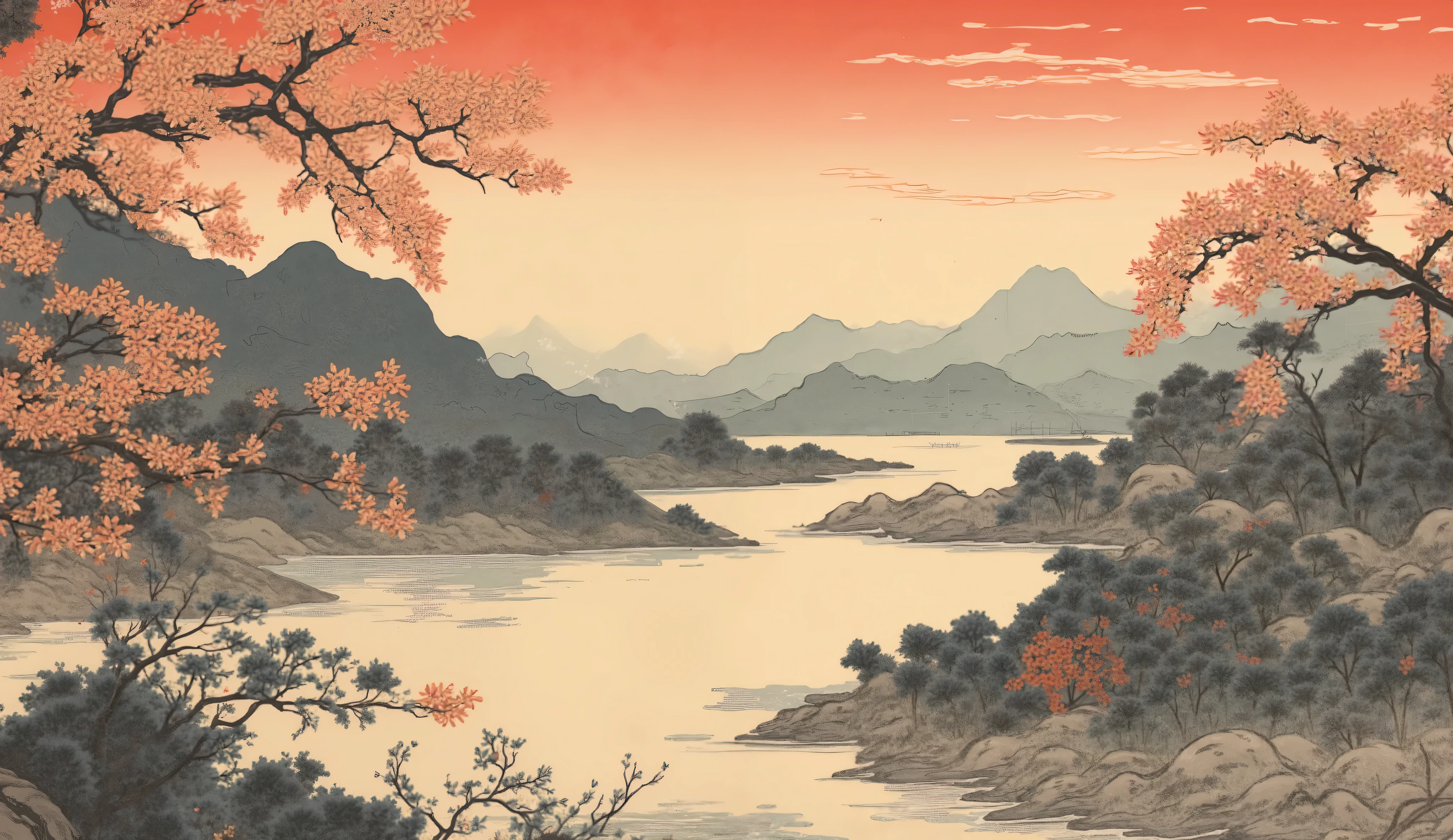 A digital illustration inspired by Ukiyo-e, with bold black outlines, dark red and gold tones filling the sky and lake, golden blossoms in bloom on the sides, a distant mountain peak, soft golden light illuminating the peaceful lake, serene and calm atmosphere --v 5 --stylize 1000