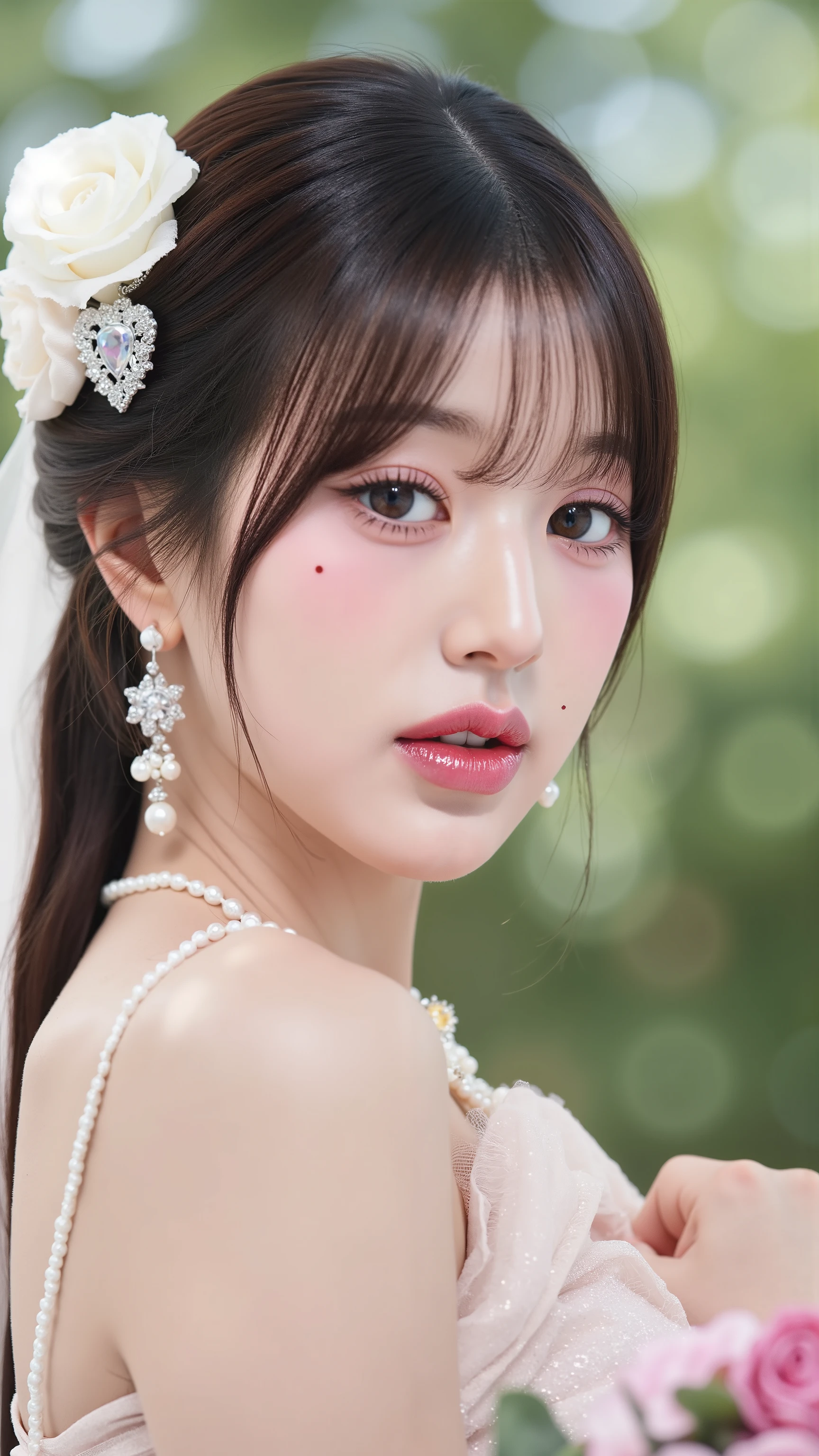 A close up of a woman in a wedding dress holding a bouquet, gorgeous young korean woman, beautiful young korean woman, beautiful south korean woman, jaeyeon nam, 2 , 2 , jinyoung shin, very beautiful young woman, very beautiful girl, 2 , korean girl, (Best quality, high resolution, Masterpiece: 1.3), a beautiful woman with a slender figure, (dark brown layered hairstyle), wearing a pendant, ((kebaya_bali)) outdoors, scenic beauty, lakes and mountains in distant background, details in face and skin texture beautifully rendered, details eyes, (best quality, high resolution, masterpiece: 1.3), a beautiful woman with a slim figure, (dark brown layered hairstyle),((kebaya_bali)), outdoors, background random, details in face and skin texture beautifully rendered, detail eyes, double eyelids, seductive laugh, feminine laugh, seductive pose.
Masterpiece, ultra detailed, realistic, photo realistic, high detail RAW color photo, professional photograph, extremely detailed, finely detail, lens flare, Dynamic lighting, 8K, RAW Photo, Best High Quality, Masterpiece: 1.2, Ultra HD: 1, High Detail RAW Color Photo, Pro Photo, Realistic, Photo Realistic: 1.5, Live Photo, Super detailed, Masterpiece, Real Skin, Realistic Skin, Realistic HD Eyes, Highly detailed Eyes, Perfect Eyes, Perfect face, Perfect fingers, extremely detailed face, extremely detailed eyes, extremely detailed skin, perfect anatomy.