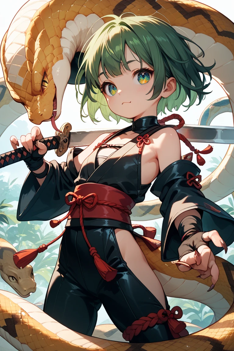 best quality,ultra detailed,extremely detailed and beautiful,perfect anatomy,perfect hands,(kazama iroha ),embarrassed,green eyes, blonde hair,ponytail, green hair ribbon,fingerless gloves,sarashi,white thighhighs,japanese clothes,Swinging the katana,(torn clothes:1.6),sit,one Kneeling,BREAK,iaidow,weapon, katana, holding sword,