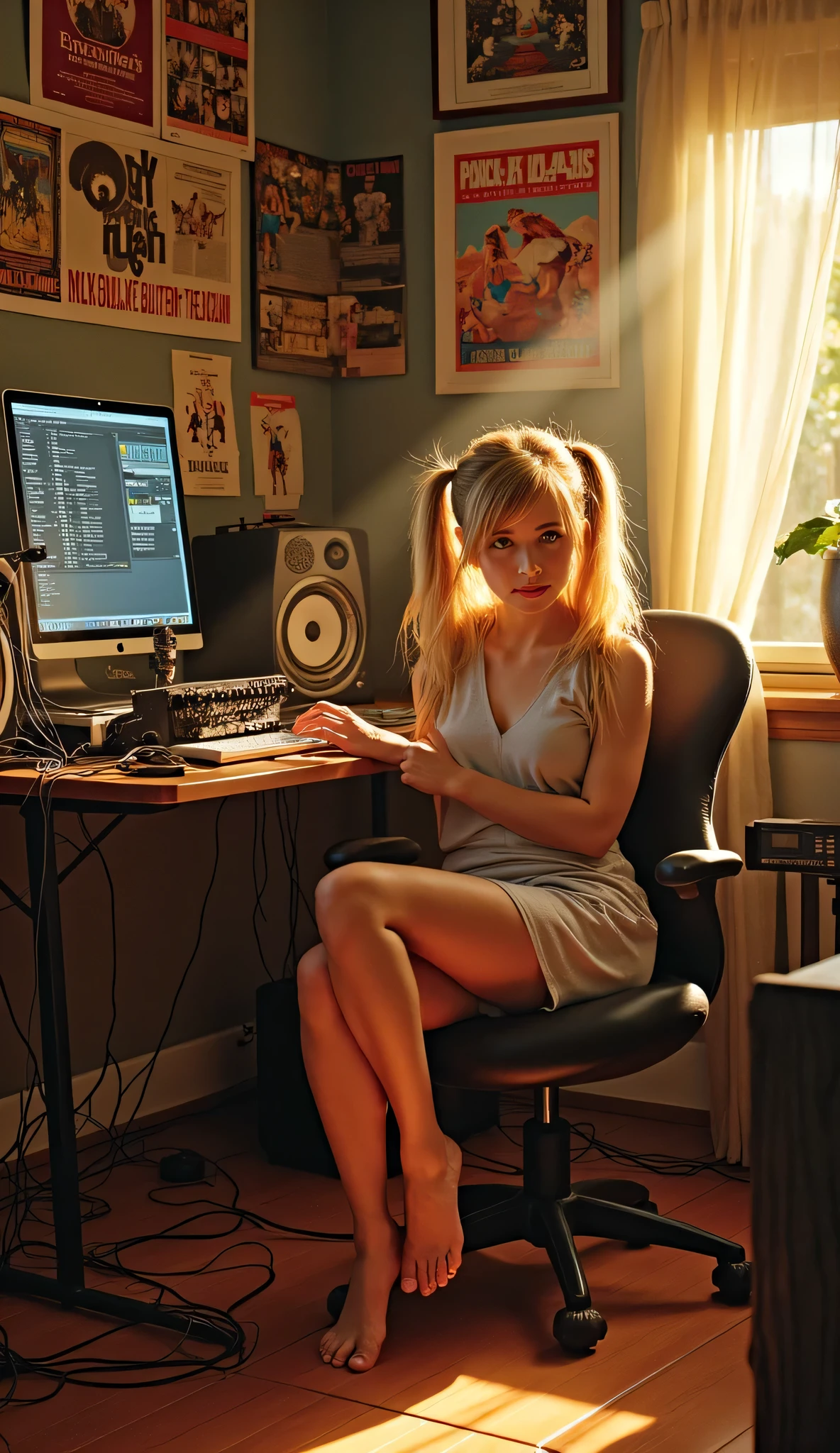 Young beauty Buffy Summers sits in a cozy home studio composing music, creative atmosphere , joy and comfort, warm, lots of posters with old wall games, lots of audio equipment and wires, perfect body, perfect figure, perfect sweet young face, pigtails, beautiful short dress, realism, high quality, High detail, interesting angle,