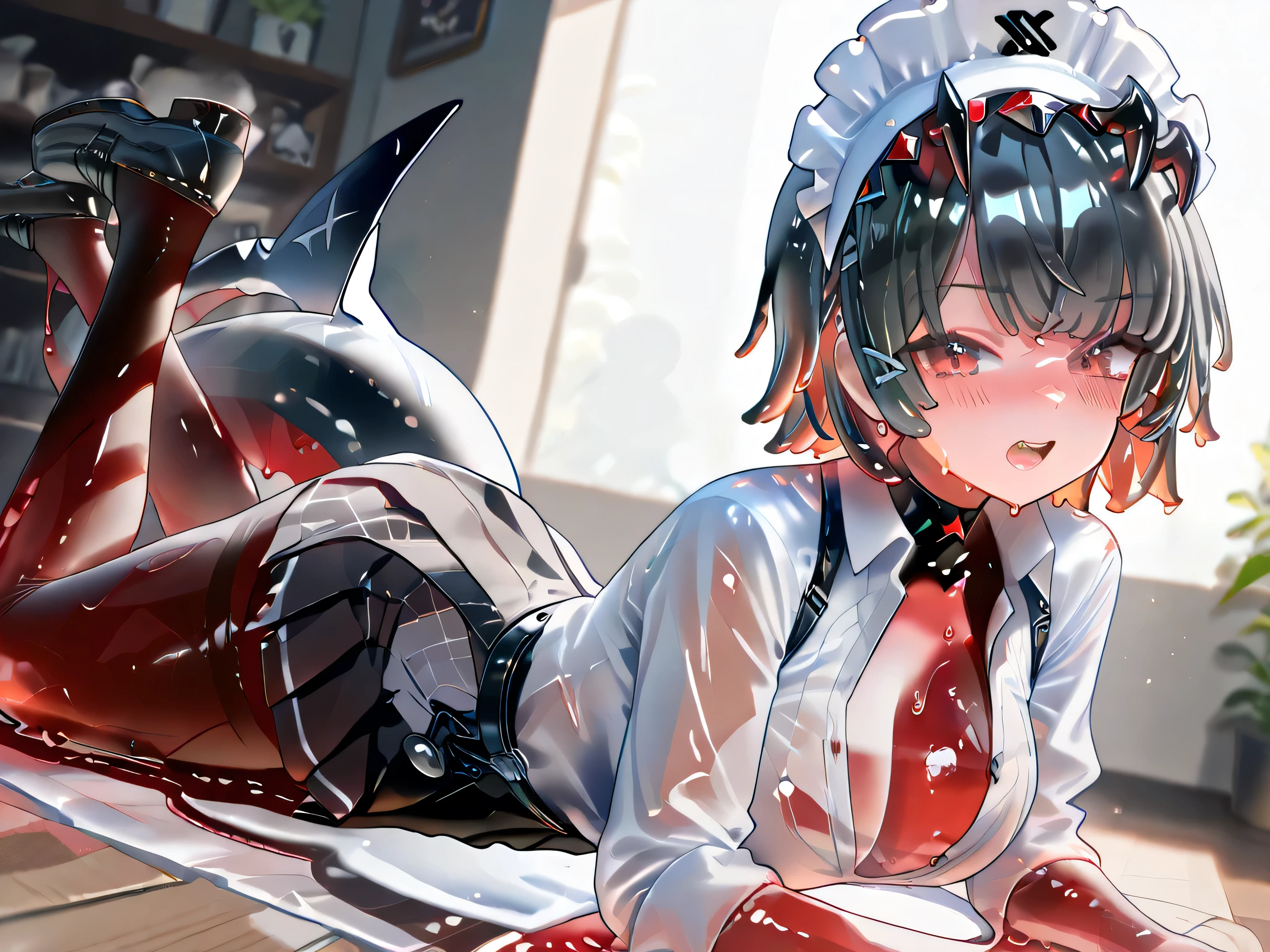 (Zenless Zone Zero), (Ellen Joe as a slime:5.0, Ellen Joe outfit:3.0, Melting:5.0, slime girl melt:4.0, melt breasts:6.0, dripping slime), shark tail, open mouth, slime girl body:4.0, 1 adult beautiful woman, pantyhose, unbuttoned blouse, black loafers, wet see-through clothes, black hair, Slime girl hair, blushing, red eyes, detailed face, (masterpiece, top quality, very detailed depiction), slime girl melting into a puddle:5.0, skin colored puddle, slime puddle under her body