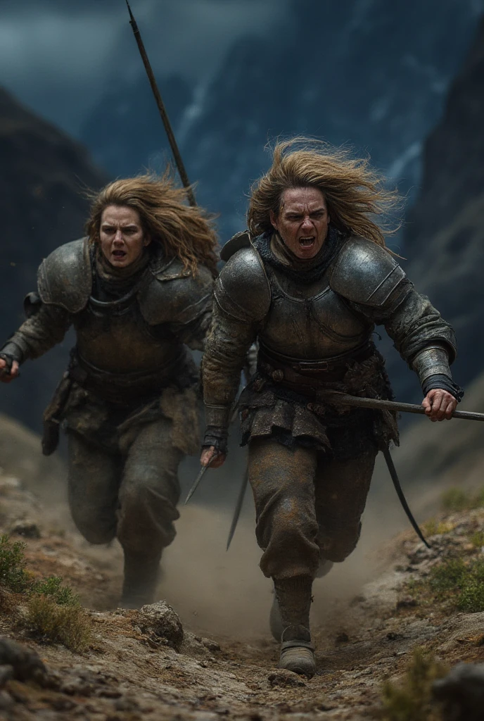 A pair of large muscular and (ugly) broad shoulders (dirty unwashed messy hair) (women looking angry) while shouting, dressed in dirty, rugged, dirt, dusty, old,  Historical Full Plate Armor, plate armor, trousers, cloth armor, and holding spears, running towards the viewer, background night time night sky, mountainous terrain, rocky terrain, high quality, best quality, very detailed, shadows, partially covered in shadow