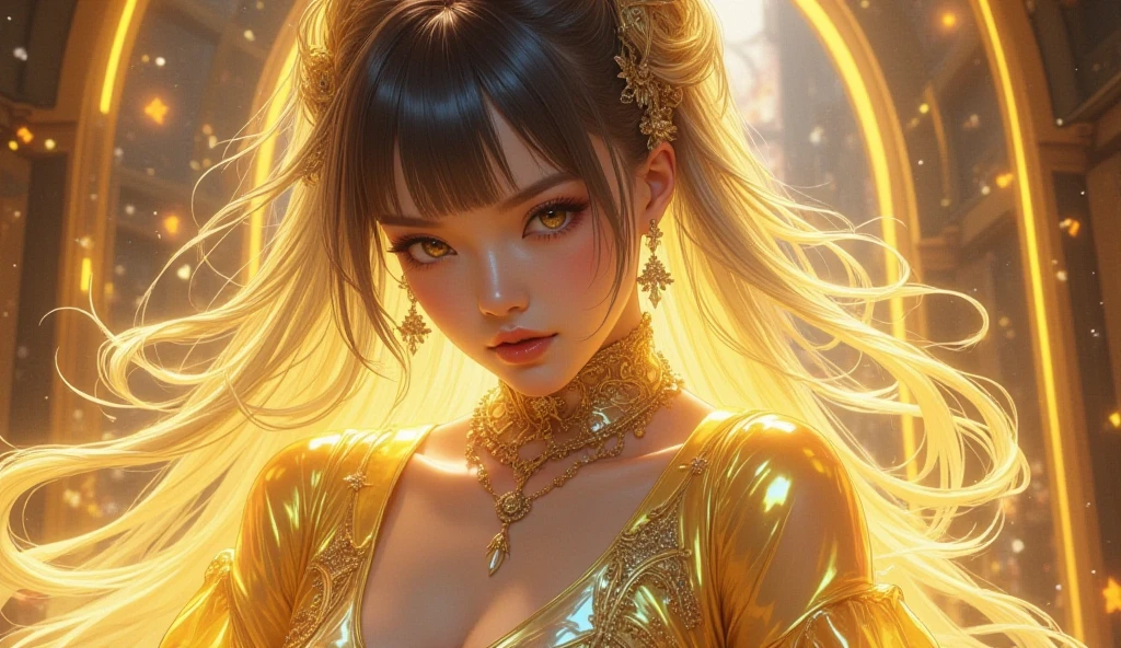 ((Masterpiece in maximum 16K resolution):1.6), ((Gold leaf art illustration:)1.5), ((Gold Leaf Art):1.4), ((Wide angle painting):1.2) | ((Gold leaf art of beautiful female illustratition:1.5), ((Supermodel beauty with aquiline nose):1.6), (Award winning art), ((sense of desire):1.1), (shimmer), (visual experience), (Realism), (Realistic), award-winning graphics, dark shot, film grain, extremely detailed, Digital Art, rtx, Unreal Engine, scene concept anti glare effect, All captured with sharp focus. Rendered in ultra-high definition with UHD and retina quality, this masterpiece ensures anatomical correctness and textured skin with super detail. With a focus on high quality and accuracy, this award-winning portrayal captures every nuance in stunning 16k resolution, immersing viewers in its lifelike depiction. Avoid extreme angles or exaggerated expressions to maintain realism. ((perfect_composition, perfect_design, perfect_layout, perfect_detail, ultra_detailed)), ((enhance_all, fix_everything)), More Detail, Enhance.