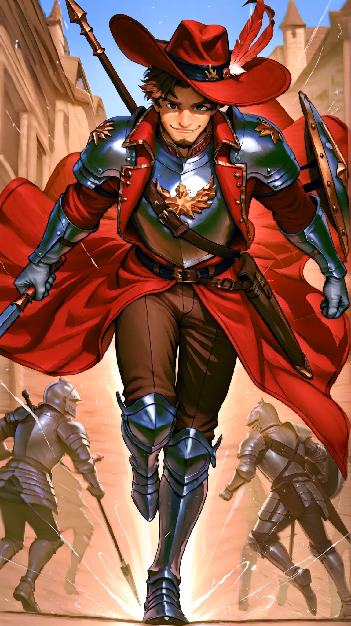 A charming mature male knight wearing a chest plate with shoulder pads and silver gloves, covered on top with a red overcoat with gold details, Also using silver greaves, runs at high speed through the middle of a bustling street market. Your red wide-brimmed hat, adorned with a single big gold feather and a metallic ornament, almost flies in the wind while He moves swiftly between stalls and frightened vendors. His sly smile and golden look sparkle with adrenaline and fun, while his disheveled brown hair frames a face with a bearded goatee. He carries a leather bag, a sword around the waist and a spear and shield on the back. Semi-realistic style, hair, with an emphasis on the energy and speed of the scene.
