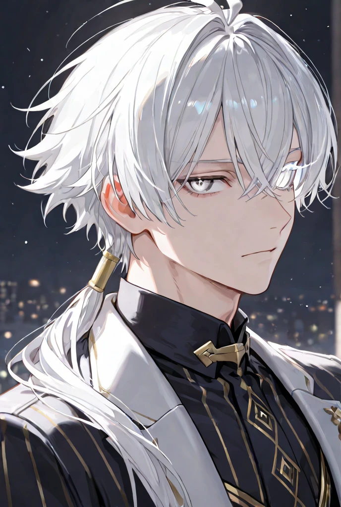 male character, medium-length, white hair, yellow eyes
