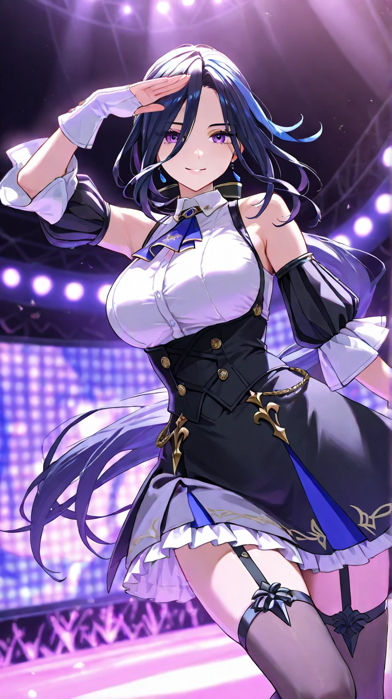 Big Breasts , live stage, formal dress, solo, smile,