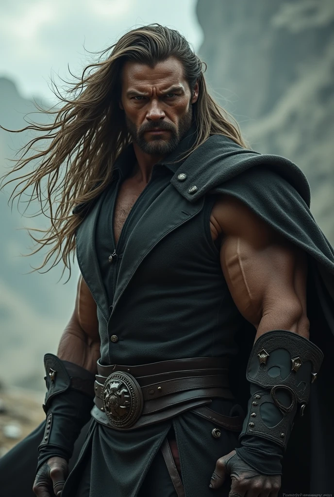 (Cinematic photo: 1.3) from (Ultra detailed: 1.3) photo of the world's most beautiful artwork with soft brilliance, ((heroic fantasy epic robust muscle wounded wounded angry man with long hair and long beard and fierce appearance in a dynamic posture)), chest, full face, (dark background: 1.4) (epic realistic, HDR, intricate details, hyper-detailed, cinematic, edge light,  muted: 1.5), ((fantastic location, majestic and messy surroundings)), skin pores, very dark lighting, heavy shadows, detailed and detailed face, (realistic photo, dramatic, dark, sharp focus, 8K), (worn old and worn leather suit: 1.5), (intricate: 1.4), decadent, (very detailed: 1.4), octane, sharp focus, heavy rain, floating particles, (Cinemacolor: 1.3)