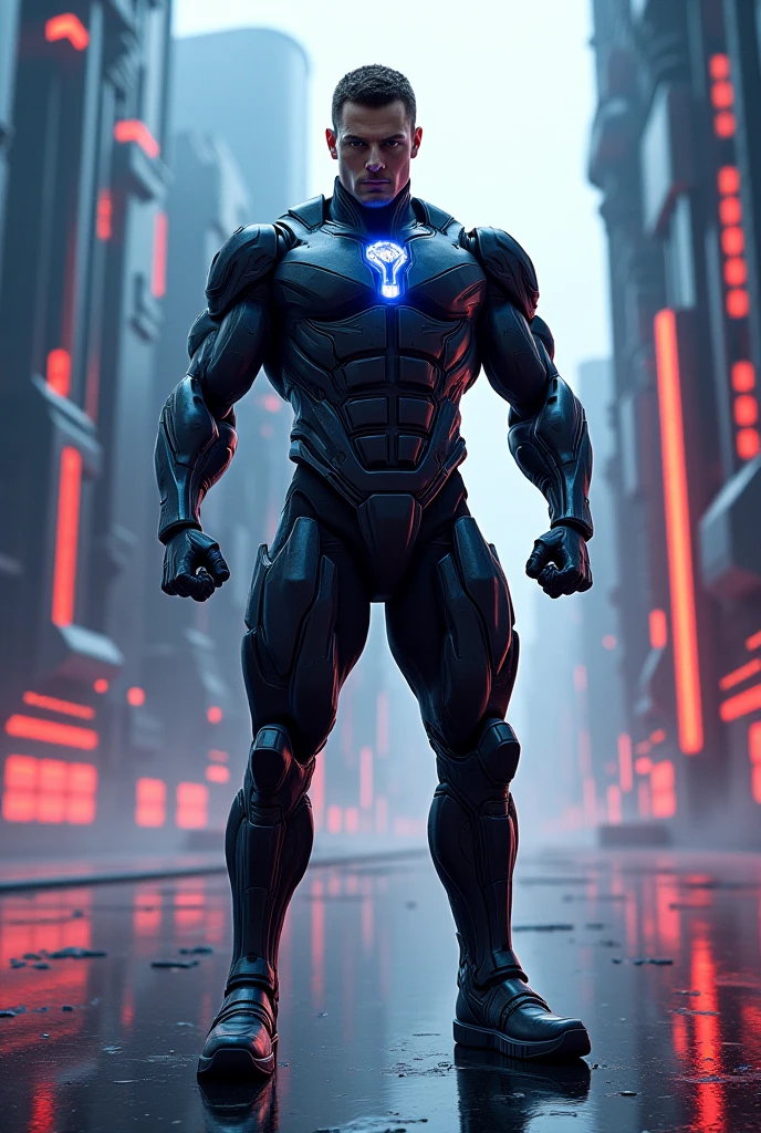 um desenho de um homem de roupa de neoprene preto fosco com uma arma, visor no olho esquerdo com fone e antena, inspirado por Gary Frank, pose masculina heroica, Sci - Armadura de Fi:! musculoso, musculoso! Cyberpunk, musculoso!! scientific fiction, Estilo arzach de quadrinhos, heroic action pose, muscular character, personagem de quadrinhos, desenho de quadrinhos, comic character design, inspirado em Frank Miller, inspirado em Wally Wood, cabelos e olhos castanhos, pele caucasiana, bulletproof battle suit, marcas de bala no peito, coldre com pistola na perna esquerda, botas preto fosco