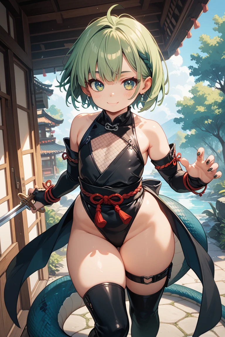 highest quality、cinematic lighting、kunoichi costume、Green hair ponytail、Black panties、Edo castle town、The chest is greatly exposed、Fishnet tights、(Photo 1 seen from below:1)
