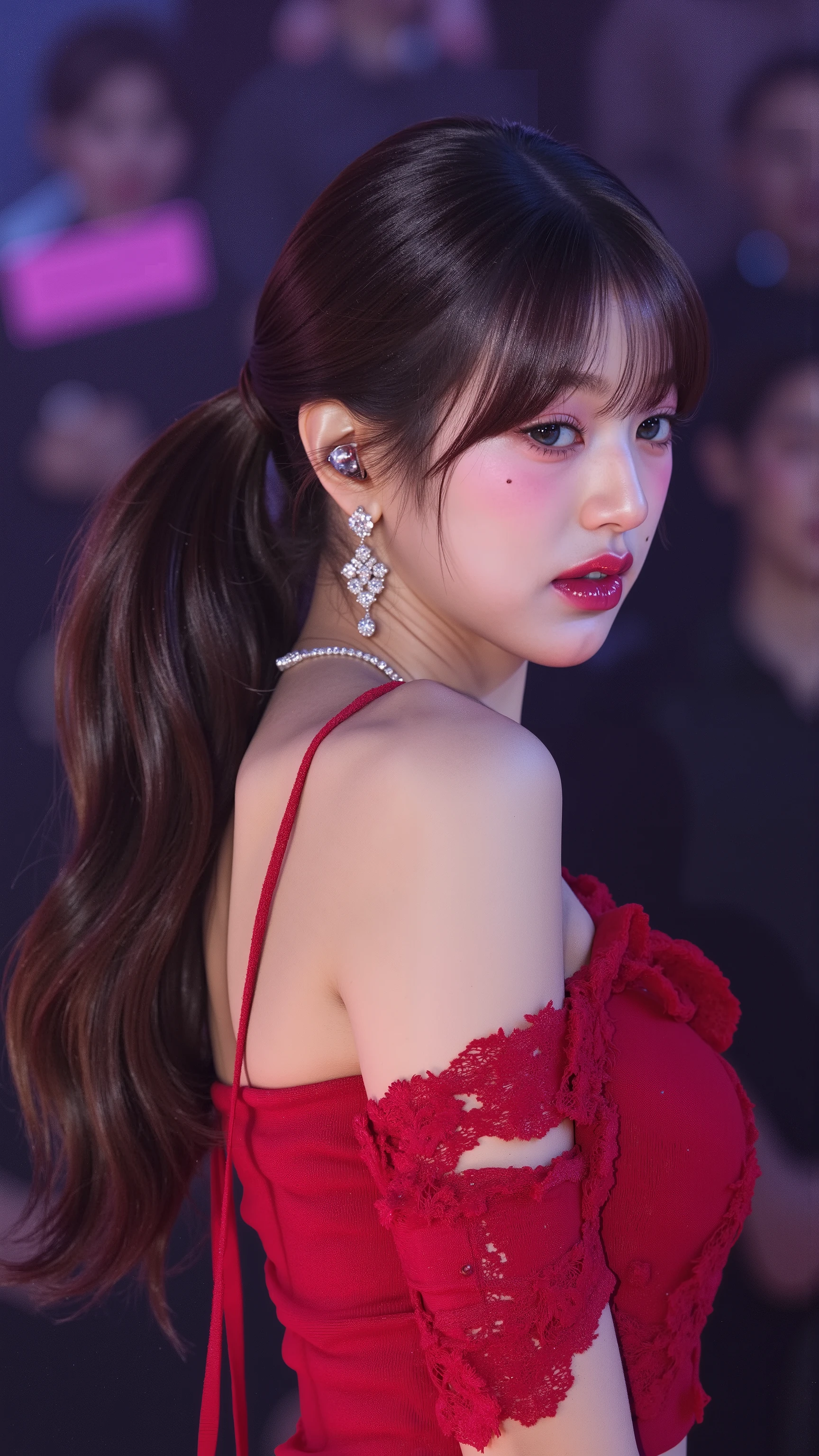 8k, masterpiece, RAW photos, best quality, Reality, extremely detailed CG unity 8k wallpaper, Depth of Field, light, lens flare, Ray Tracing, (Extremely beautiful face, Beautiful lips, beautiful eyes), Complex facial details, ((Ultra-delicate skin)) 1 girl, in the darkness, Deep Shadows, Beautiful Korean girl, Korean Idol,(Very slim slender fit-muscled body:1.3), ((Looking at the audience)),(A bright smile:1.3), (Fashion City Night, (neon ), (Blurred background), midnight, (nobody), (Background nobody:1.3), Beautiful Korean girl, White Diamond Earrings, Diamond Bracelet, Deya Necklace, Pantyhose, Clear eyes, Walk , front Photo, (Pale skin), Facing forward, (big eyes), full-body shot, ((see through, White top)), ((Red Skirt :1.3)), (Brown hair) (Looking at the audience:1.3), (Lace), Very slim, Medium breasts, Hermès bag