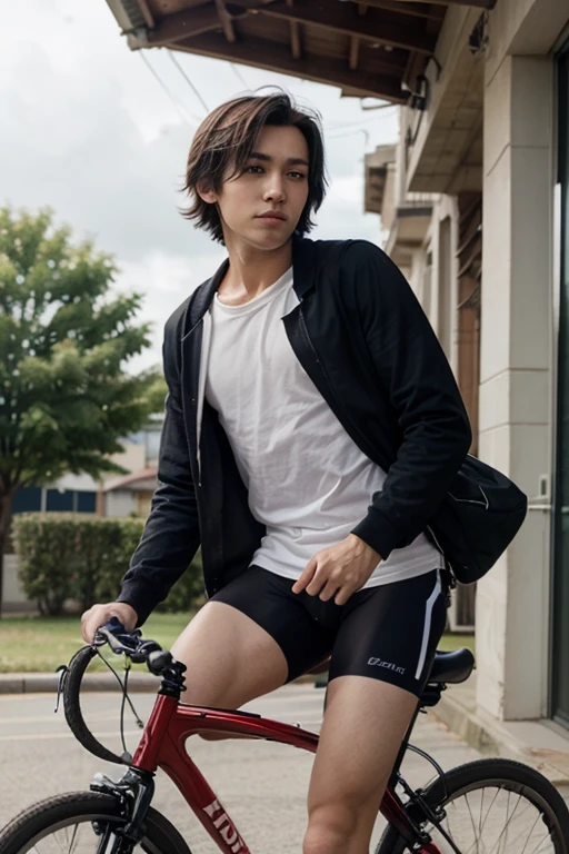 riding a bicycle, whole body, Hairy legs, The legs are muscular and toned., two blocks, Long legs, Japanese man, 27 years old, thin beard, Wear beige shorts, Wear a black T-shirt., very short hair, black hair