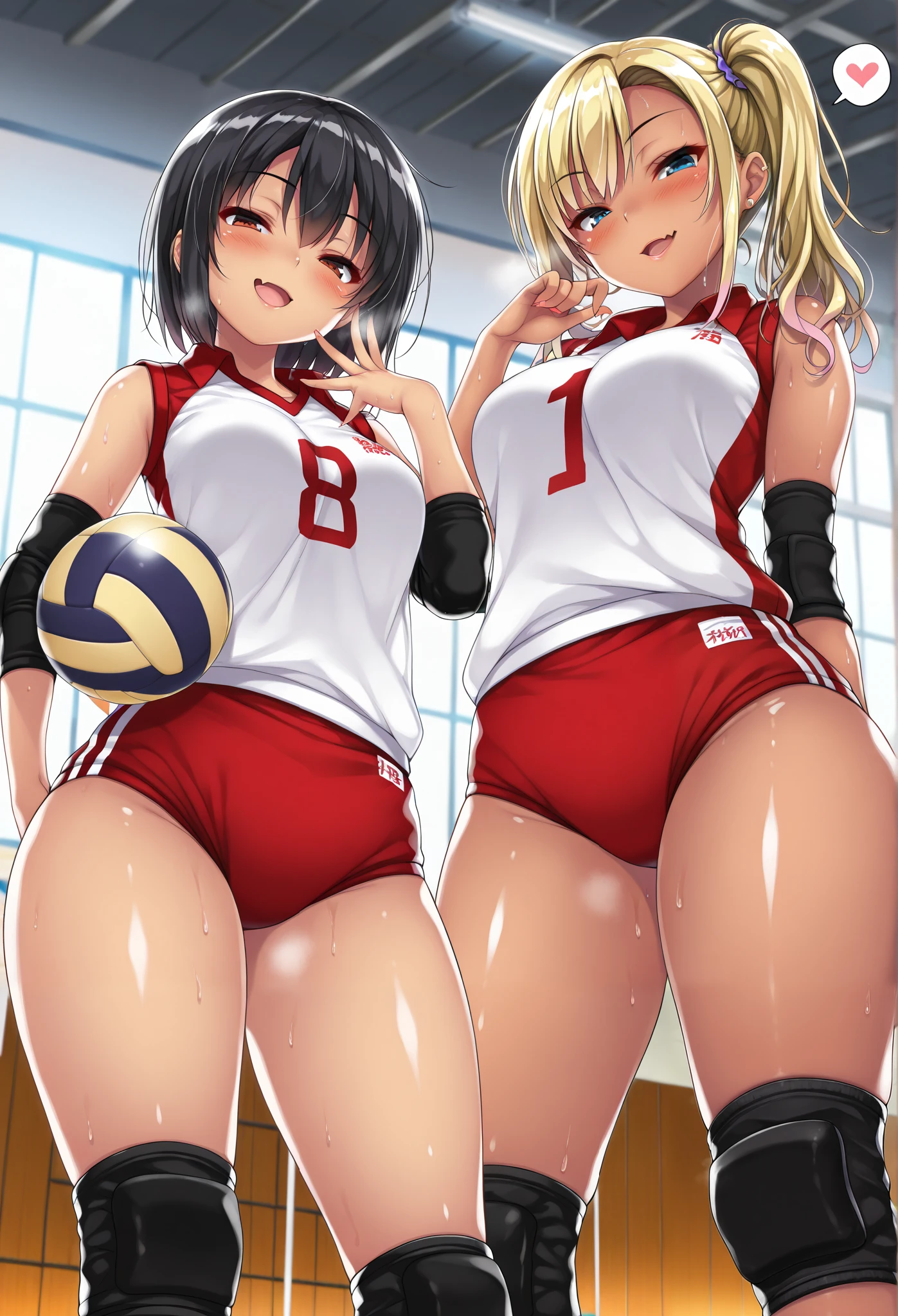 masterpiece, best quality, amazing quality, 2girls, gyaru, (holding ball:1.4),(seductive pose:1.4), (sexy pose:1.4), thick thighs, Collared volleyball uniforms, sleeveless, (buruma:1.4), volleyball knee pads, elbow sleeve, (old Full spherical 8.5" volleyball ball:1.4), (blush:1.4), camel toe, (chubby:0.8), curvy, (sweat, Covered in sweat, covered in perspiration:1,4), (deep breathing:1.2), spoken heart, perfect anatomy, in Uninhabited gymnasium, cowboy shot, detailed lips, highly detailed sports uniform, soft focus background, (seductive smile, embarrassed expression:1.4), medium breasts, volleyball uniform, sportswear, elbow pads, elbow sleeve, knee pads, sleeveless, Buruma, (Matching uniforms:1.4), mesugaki,from below, volleyball uniform, buruma,mesugaki, smile, looking at viewer, blush, hand up, skin fang, from below