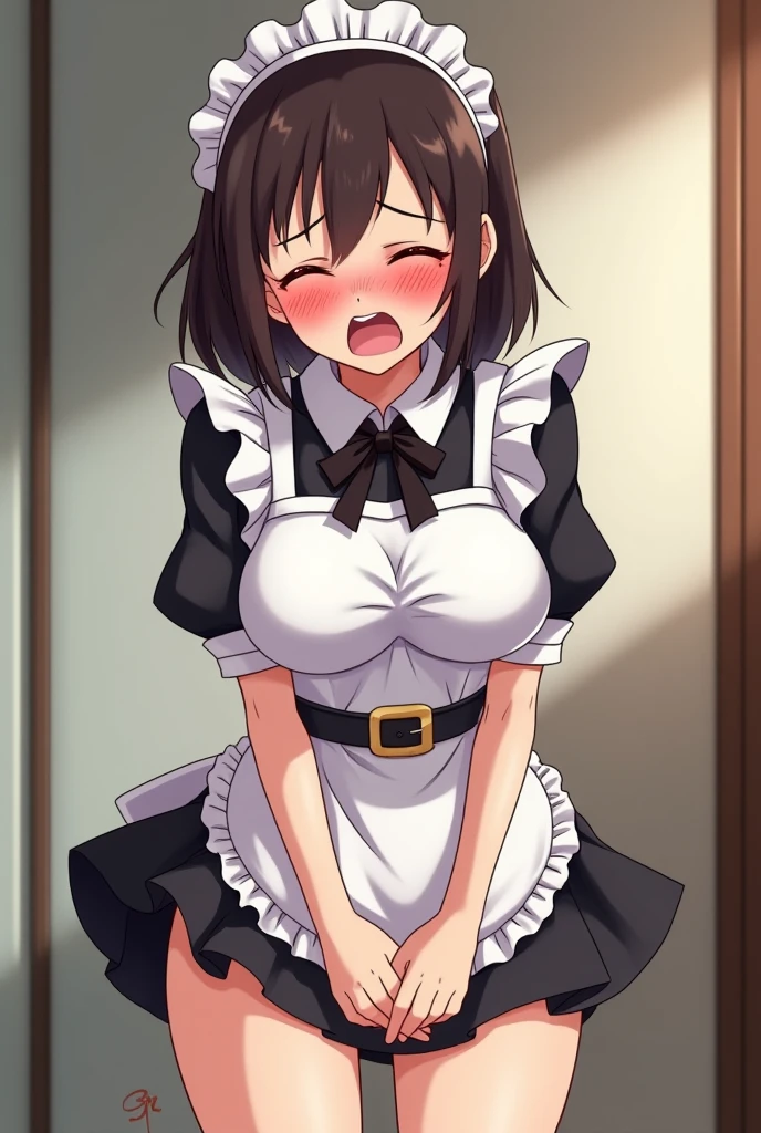 NSFW,One girl,(Maid clothes:1.3),(cropped:1.5),belly button,Micro Mini Skirt,Fishnet tights,Small breasts,(Perfect hands),(Perfect Anatomy),(masterpiece),(highest quality),Embarrassed,blush,Coffee shop,Leg spread,(Ecstasy face:1.5),(orgasm:1.5),One man,(Having sex:1.5),(Sweat:1.5)