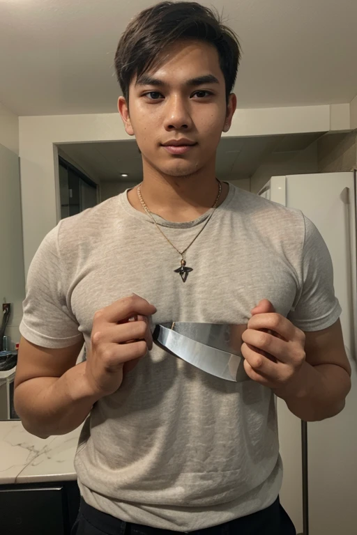 A boy stabbed a knife in his chest by his own hand