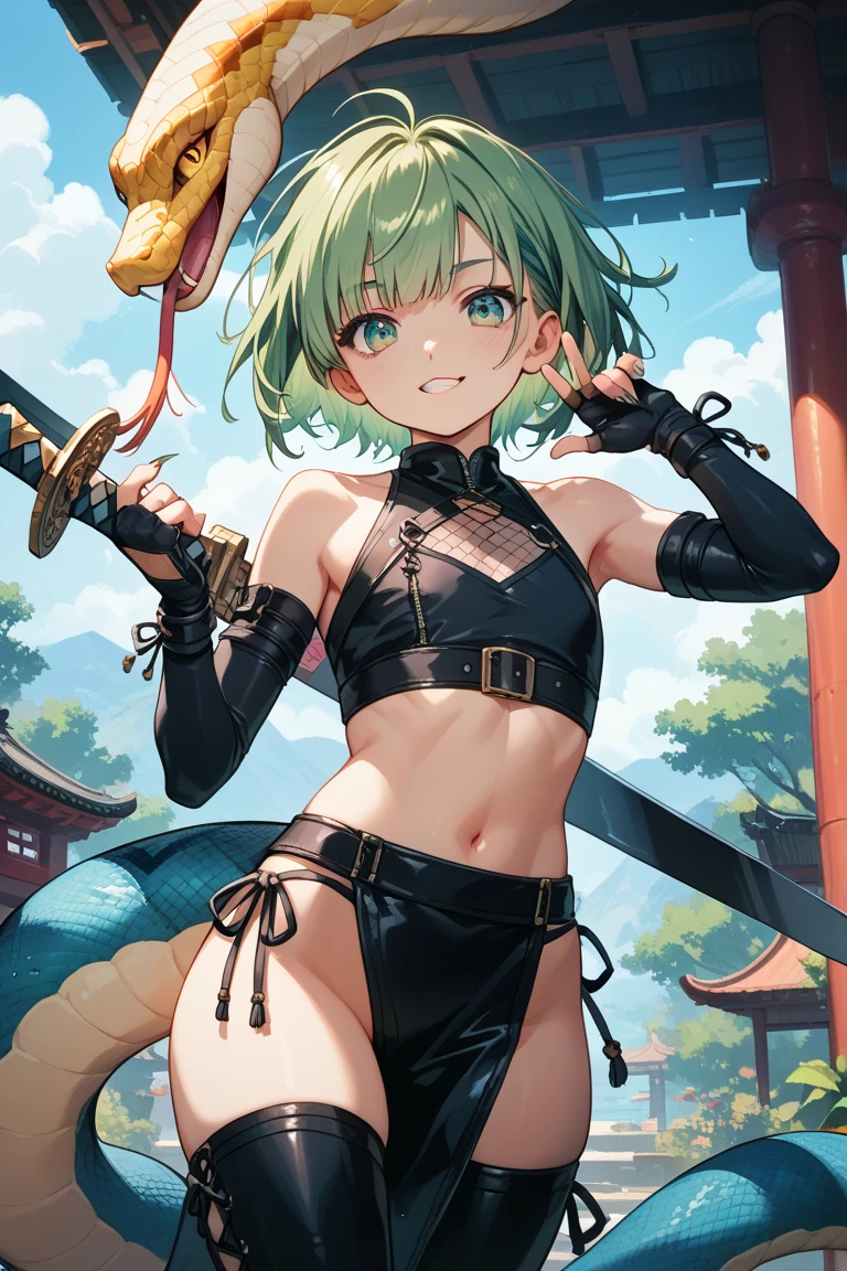 <lora:dark_elf_pony:1> score_9, score_8_up, score_7_up, score_6_up, source anime,
kuronagamimi, dark elf, 1girl, solo, breasts, red eyes, armor, gloves, swimsuit, pointy ears, bikini, bikini armor, weapon, green bikini, short hair, sword, thighhighs, navel, simple background, hand on hip, blonde hair, dark-skinned female, open mouth, smile, looking at viewer, dark skin, medium breasts, elf, belt, shoulder armor, grey background, choker, sheath, boots, black gloves