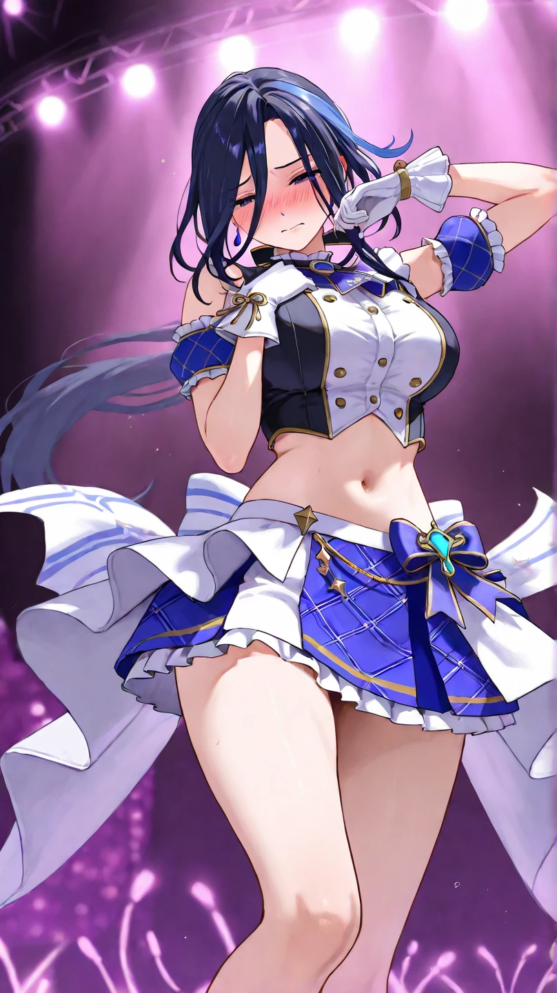 magical_warriors, 1boy, Handsome, Junior high school boys, genderswap, genderswap_(ftm),heart, solo, heart_hair_ornament, choker, long_hair, aono_miki, cure_berry, blue_background, skirt, drill_hair, eyelashes, hair_ornament, midriff, knee_boots, jewelry, blue_skirt, purple_hair, boots, gradient_background, wrist_cuffs, earrings, gradient, flat_chests, rating:safe, bow, thighhighs, navel, purple_eyes, frills, ponytail, serious, blue_choker, arm_warmers, hairpin, ribbon, waist_bow, purple_background, frilled_skirt, brooch, sketch, zettai_ryouiki, black_thigh_high_socks, curly_hair, , heart_earrings, shirt,navel baring、white_crop_top、