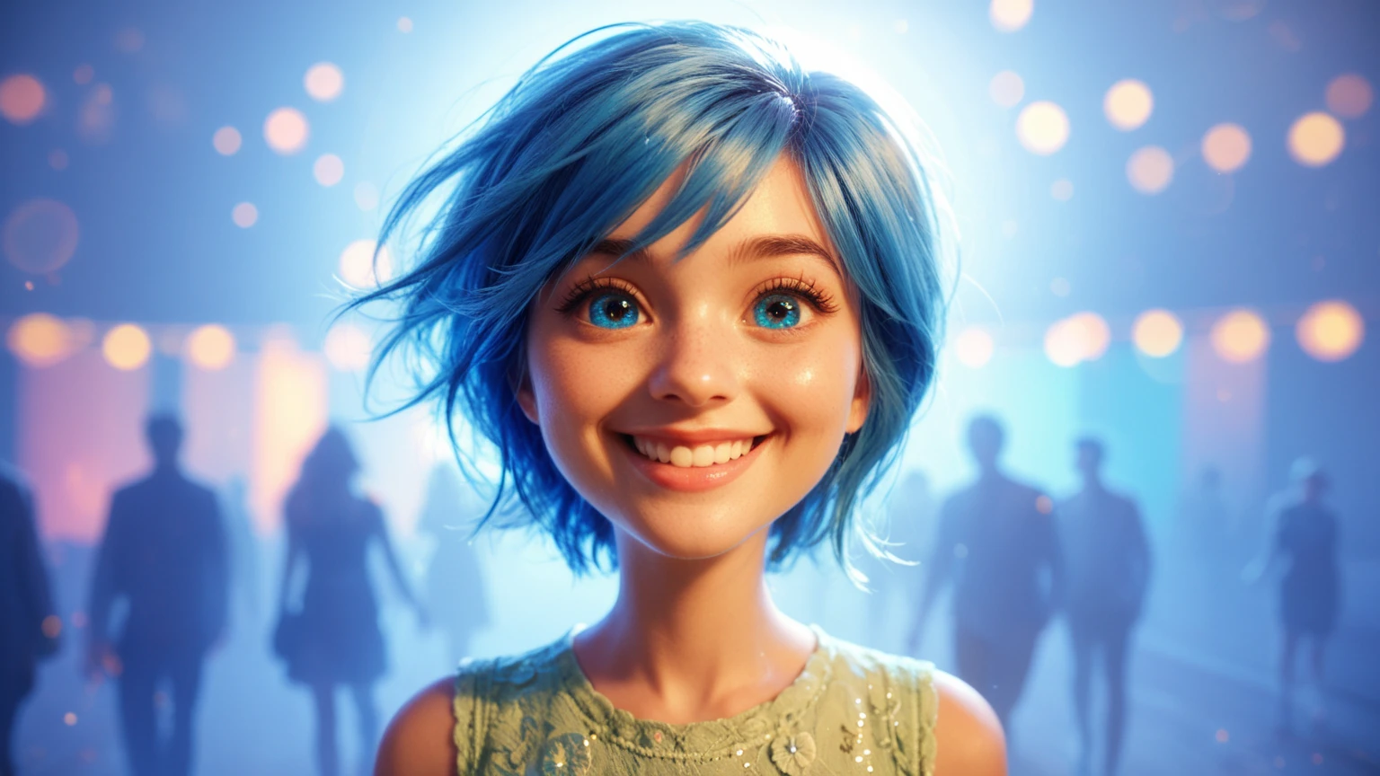 Masterpiece, Best Quality, (happiness_Inside out, yellow skin, ),  happy, green dress,  pixar, Cartoon, 3D rendering, , (naked:1.4), nipples (blush:1.0), detailed face, roadside, Crouching POV, sfw,  (((Place_Inside out, yellow skin, Blue eyes, blue duendecillo cut))), happy, (((sleeveless lime green dress speckled with firework-style flowers print that goes to the knees))), pixar, Cartoony, 3D rendering, small breasts, barefoot, sunlight, (Chapped lips:1.4), (blush de nariz:1.2), foreshortening, black cuts, (eye contact), High contrast, ultra high resolution, high resolution, detailed, visible breasts, showing breasts, (cinematic lighting), ((high angle view)), (half body shadow), [backlighting], [twilight ray], [detailed ambient light], [gray natural lighting], [ambient light on the belly], (greater detail of wild wildlife), [explict content], [sharp focus], (questionable content), (shading), comisión de high resolution, detailed image, bright colors, detailed face, perfect lighting, perfect shadows, Perfect eyes, girl focus, Perfect face, beautiful body, shiny body, Central focus, look at the viewer, 1 girl, Alone, (Masterpiece:1.21), (Best Quality:1.2), (illustration:1.2), (cinematic lighting:1.3), balanced coloring, global illumination, ray tracing, good lighting, neckline, attractive body, sexy body, looking at the viewer, sfw, portrait, happy expression, (((headquarters from the inside out, In general, interior in purple tones., walls with numerous shelves with glowing spheres)))