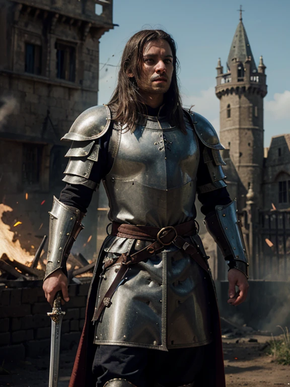  Medieval Knight, long sword, armor,Battlefield, Fire, castillo,  destruction , masterpiece, High resolution, UHD, quality, very detailed, high quality, High Details, 