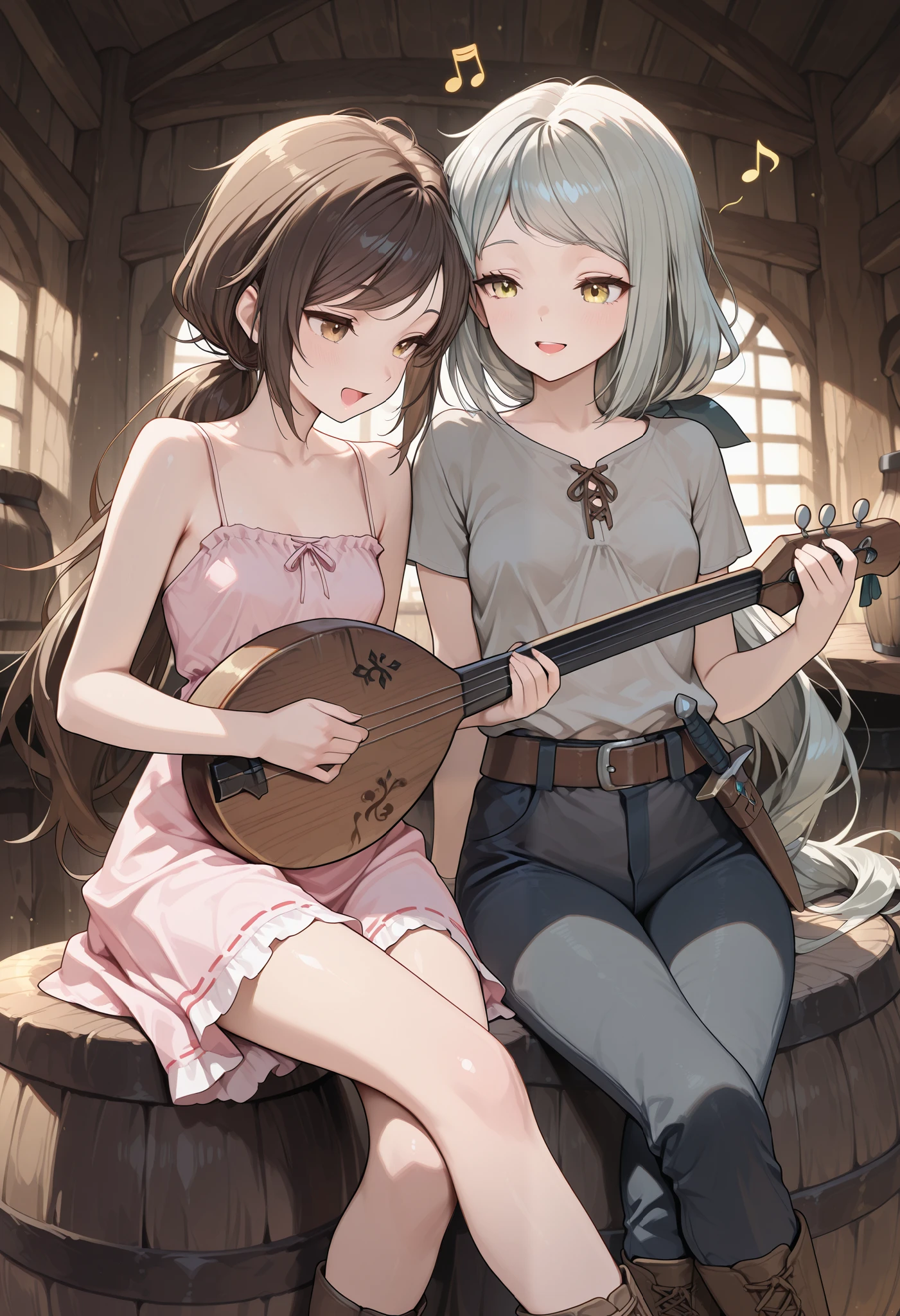 (masterpiece:1.2, Best Quality), (finely detailed beautiful eye: 1.2), (beautiful detailed face), tavern background, close up, playing lute, singing, sitting on barrel, legs crossed, music note, 2girls, character: brown hair , brown eyes , very long hair , swept bangs thin , small breasts , bare shoulders , pink sundress , backless sundress , bandaged hands , spaghetti strap sundress , sundress with white frill trim , brown belt , brown combat boots , dagger sheathe attached to belt , character: thin , messy hair, yellow eyes , long hair , gray hair , low ponytail , light skin , yellow eyes , gray shirt , sleeveless shirt , black jeans , thin legs , thin thighs , swordbelt , sword sheathe , sword pommel ,  crowded tavern, 