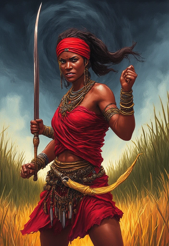 Athletic, muscular woman, ethic, exotic, with small breast, deep brown skin, dark_skin, shaved, bald, barefoot; African, hippie, boho style; dressed in primitive rags, loincloth, nature colors, minimalist clothing, palm leave skirt, headshaved, hairless, sfw