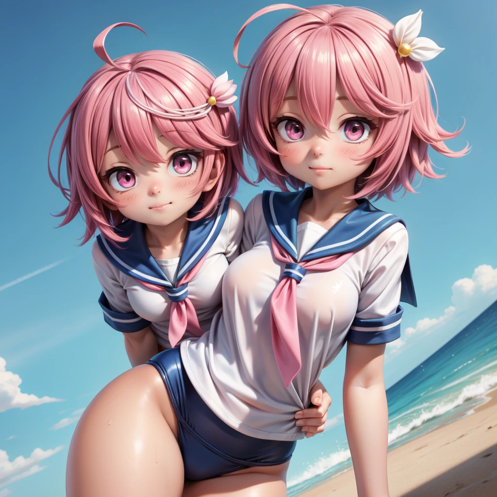 {{{masterpiece}}}, {{{best quality}}}, {{ultra-detailed}}, {illustration}, {{an extremely delicate and beautiful,high resolution, ultra-detailed,,perfect face,slender perfect body, Tight belly,Toned buttocks,Constricted waist}},(2 girls),(2 girls to 100m race:1.3),(running pose),(painful face), (wear a headband),17yo,((pink:-1.5 hair), (braided short hair), (braided long hair), shy daughter, short stature, small tits,(flom track and field), (fashionable track and field athlete),(bike shorts), small tits, (wet:1.2), (track and field:1.3),((very wide shot )),(clothnipples visible throughes),(Cameltoe:1.2),