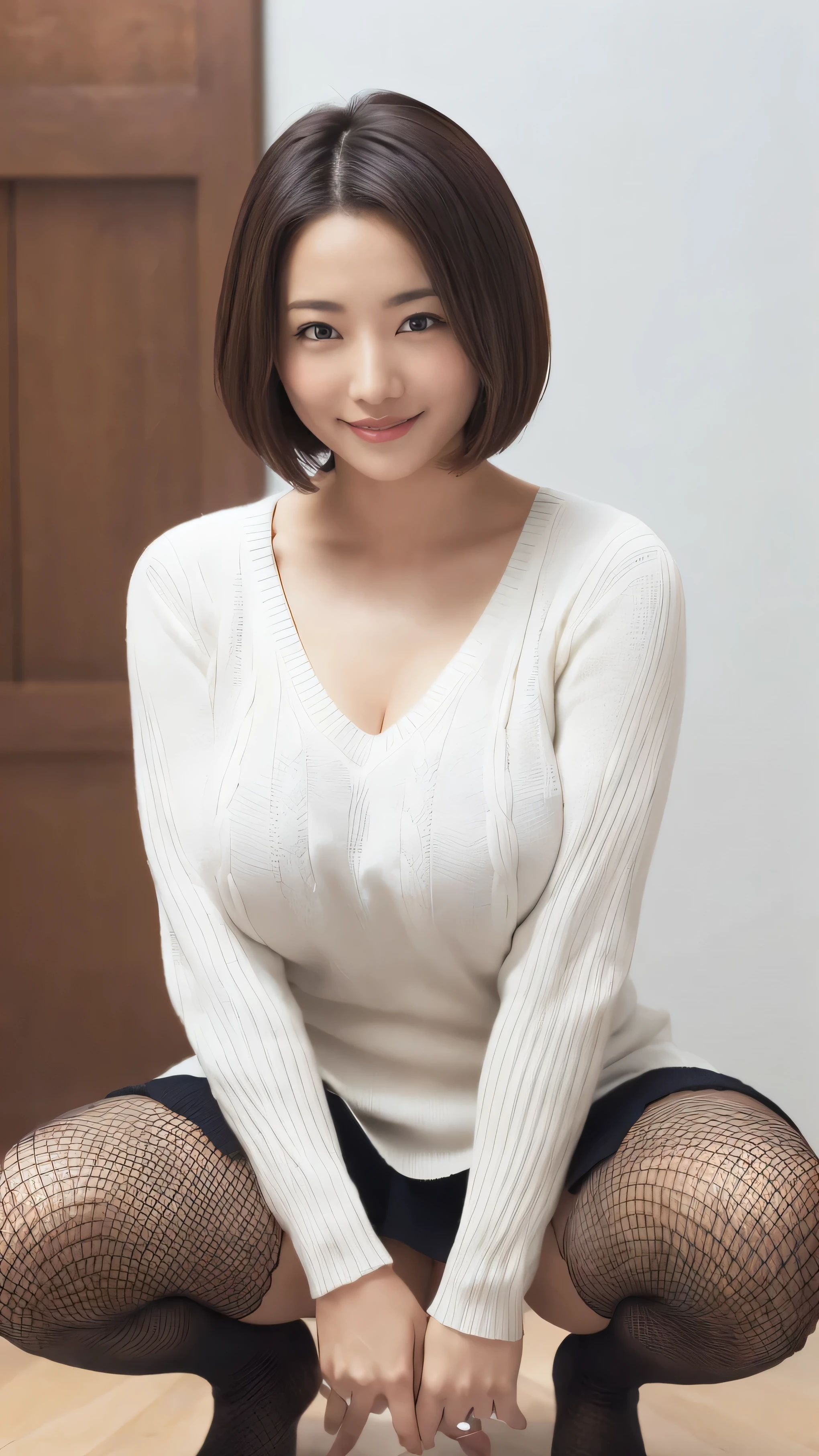 Japanese Women Wear V Neck Sweaters、
(((masterpiece))), ((Highest quality)), (( delicate details)), ((( surrealistic)), An absurd resolution, Mature Woman, Mature Woman, The law of near and far, 、very detailed, realistic, 1 girl, (( )), perfect hands, Details, beautiful detail eyes, short hair, dark eyes, tight skirt, Sensation , perfect eyes, Eyes, watch viewers , From the front、is squatting、 take a picture of the whole body、smile、WHITE KNIT V NECK SWEATER、 knit dress、 Thighs, thighs 、 fishnet tights、