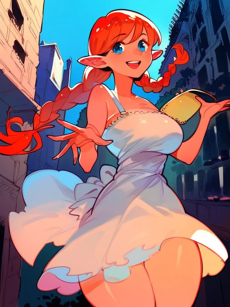 (Dominican: Caribbean:1girl:VilmaFlintStone,Superhero), (extremely detailed CG unit 8k wallpaper),(master part), (best quality), (ultra detali), (best illustration),(melhor ombre), cowboy shot, (Sharp eyeliner, ombre, detailedeyes:1), Disney Castle background, ,break , (star15escola:1.2), hair ornament,short hair, orange hair, Cameltoe,white dress, hair bun, pearl necklace, jewelry