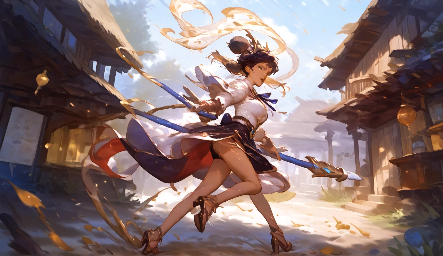 (best quality, 4k, 8k, highres, ultra-detailed:1.2),Chinese martial arts master, sophisticated embroidery, Chinese dress, 22-year-old, Flexible body, expressiveness, erotic, messy hair, dynamic postures, attacking from crouching stance