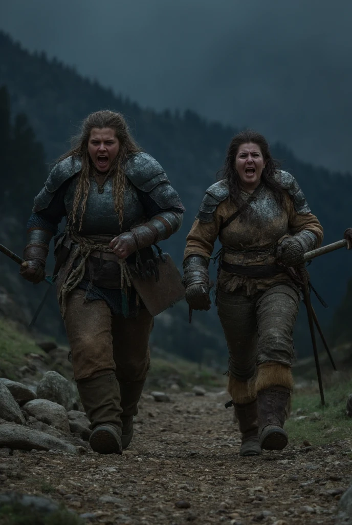 A pair of large muscular and (ugly) broad shoulders (dirty unwashed messy hair) (chubby women looking angry) while shouting, dressed in dirty, rugged, dirt, dusty, old,  Historical Full Plate Armor, plate armor, trousers, cloth armor, and holding spears, running towards the viewer, background (night time) night sky, mountainous terrain, rocky terrain, high quality, best quality, very detailed, shadows, partially covered in shadow