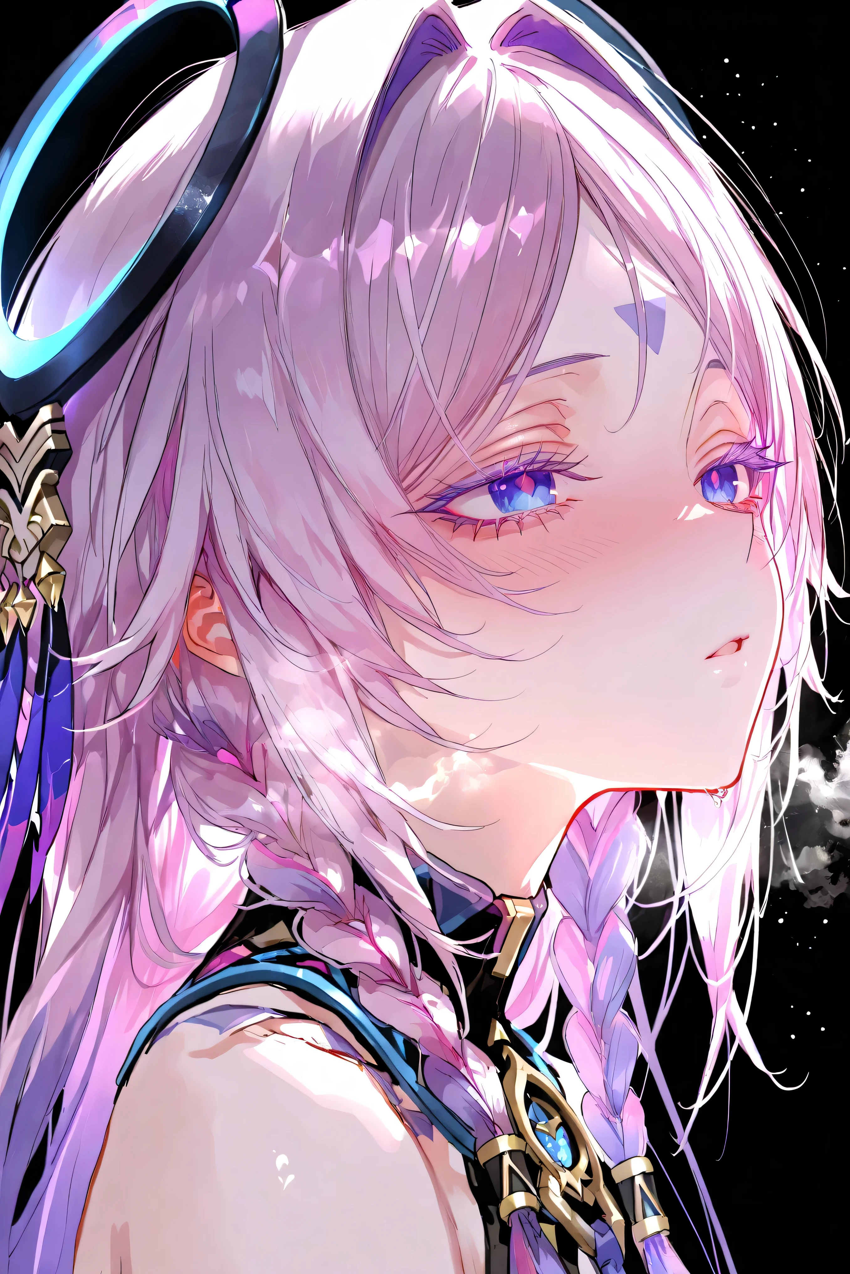 score_9, score_8_up, score_7_up, masterpiece, best quality, very aesthetic, absurdres, tunning image, light particles, attractive image, 1girl, adult grown woman, citlali \(genshin impact\), pink hair, purple hair, multicolored hair, twin braids, hair intakes, blue eyes, forehead mark, lavender eyelashes, pink pupils, headgear, long hair, colored eyelashes, heavy breathing, masterpiece,best quality,amazing quality, pottsness style, 748cmstyle, simple background, black background, from side, looking at view