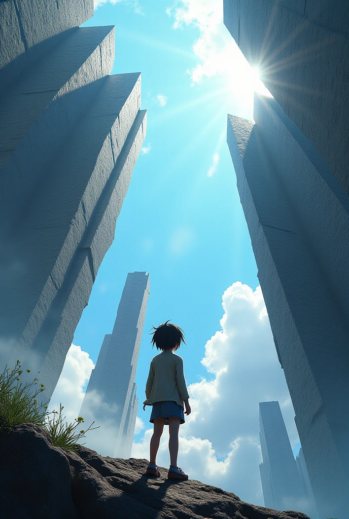 The girl in striped pajamas sits near the tower and is glad that she got out of prison and in different styles