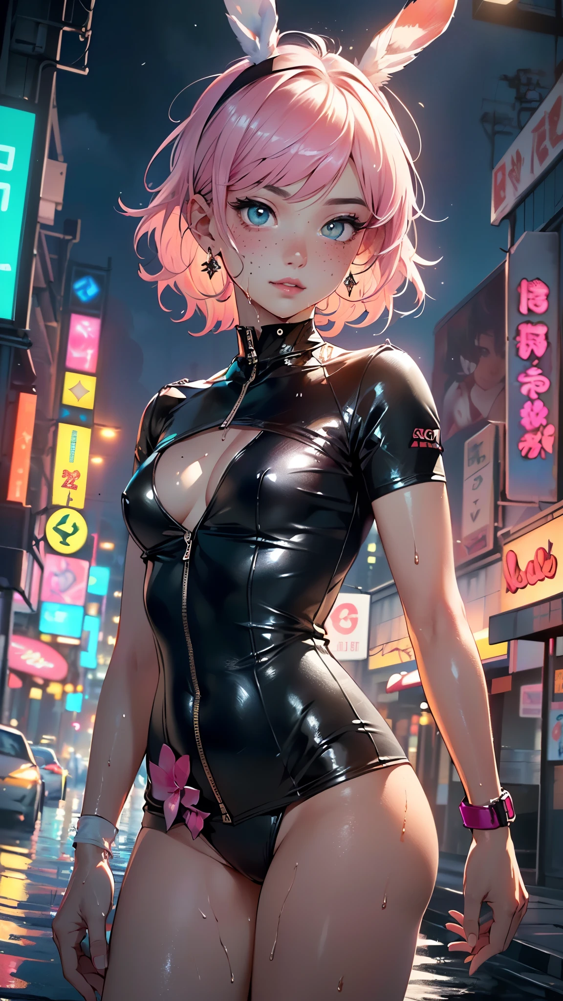 A woman with pink hair and a black shirt sits on a city street,Traffic lights in the background, Art sprouts, Anime Art, cyberpunk art, Photorealism, 1 girl, Bangs,naked women , Skyscraper, Solitary, _top,((Huge breasts)),Grooves reveal original skin