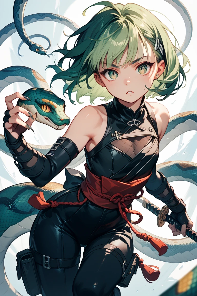 master-piece,hyper quality, hyper detailed,perfect drawing,1 beautiful girl, snake scale pattern bikini armor, snake tail, snake scale legs, snake scale arm, snake scale fingers, hunter's eyes aiming at prey, blue-green hair purple mesh hair, Sanpaku eyes, reptile eyes, vertical eyes, sharp claws, sharp fangs, height 188cm, three sizes B70W45H75, Kneeling, kneeling, pow pause