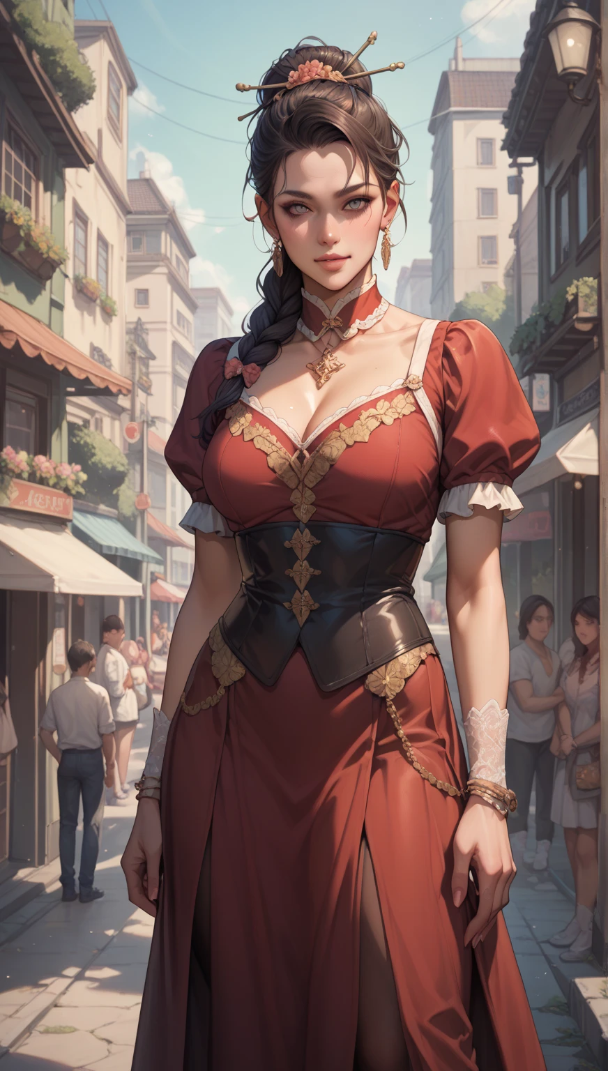 street, Detailed steampunk dress, Cinematic photos, One Woman, Beautiful Face、Red hair、