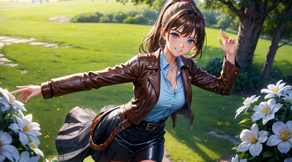 1girl, solo, trees, sun, clouds, autumn, colorful trees, falling leaves, ((brown hair)), ponytail, large breasts, ((brown leather jacket)), blue top, cleavage 1:3, blue eyes, long skirt, brown boots, smile, happy, looking at the viewer, walking, upper view, hair ribbon, golden necklate