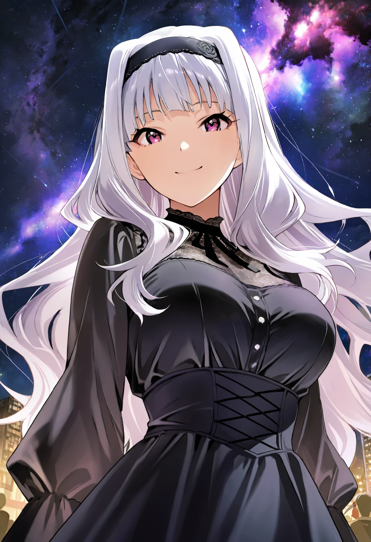 score_9 , score_8_up , score_7_up , source_anime ,1 woman, solo, Shijou Takane, white hair, long hair, BREAK, purple eyes, black dress, Simple headband, (view audience), Smiling sweetly at the viewer, bust shot, (night sky background, nebula), detailed face, view from below, low angle