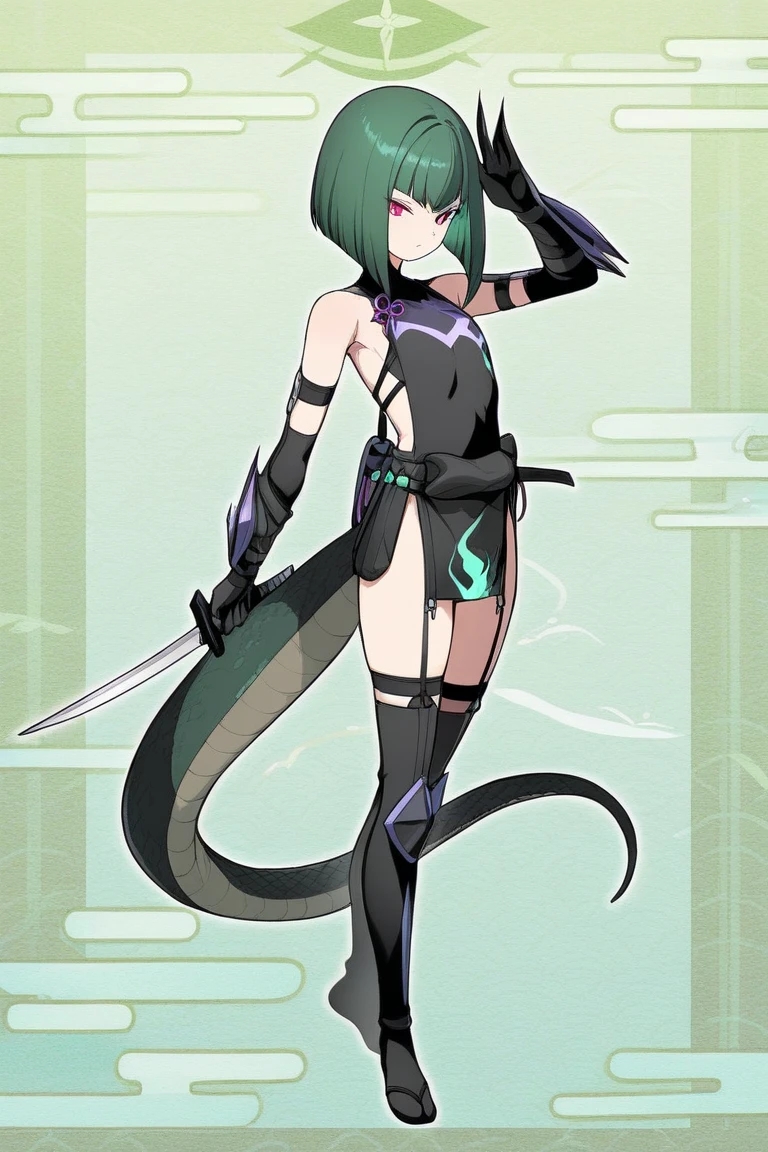 a boy holding a sword and his hair glows black and his tail turns black with blue lines and black rabbit ears appear and some black symbols on his body and he has a black rabbit tail and he is surprised kissing a green dragon girl and the girl has green hair and big breasts and green horns with black lines while the boy has black hair and blue lines