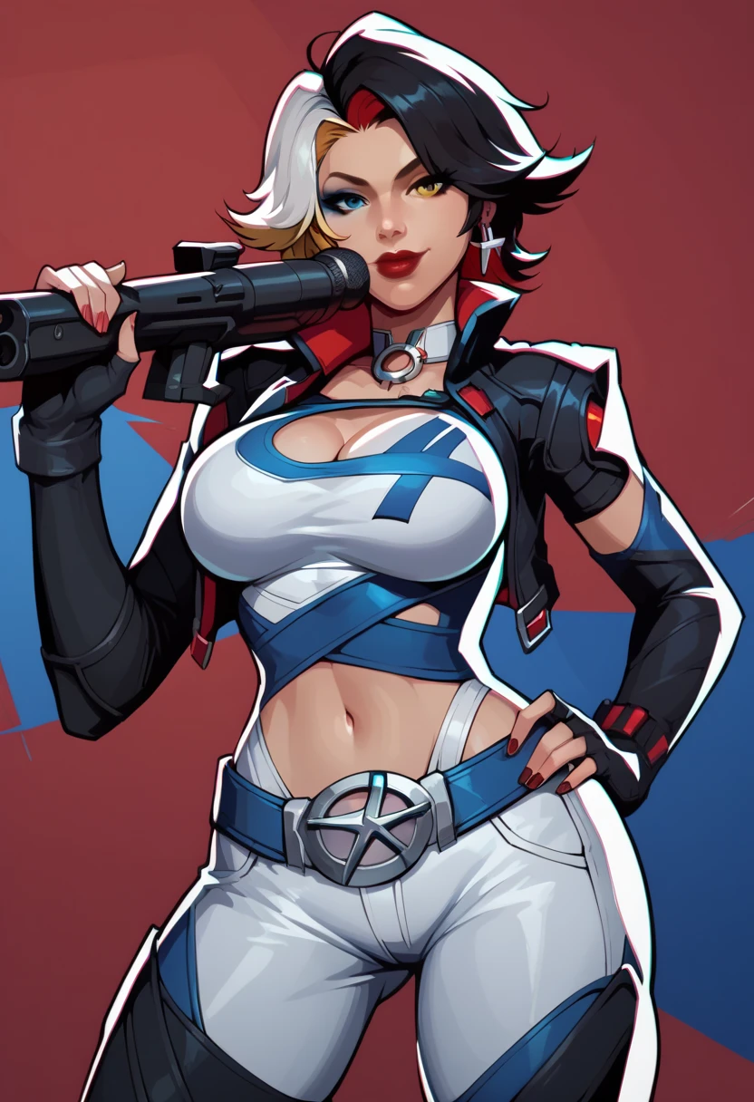 (masterpiece), best quality, expressive eyes, perfect face(masterpiece), best quality, expressive eyes, perfect face, a woman, 25 age, 80s style, short white hair, bronze skin, large breasts, big , brown leather jacket, amber eyes, aviator glasses, revealing bottom , shirtless, under , pink nipples, pantyhose, night city background