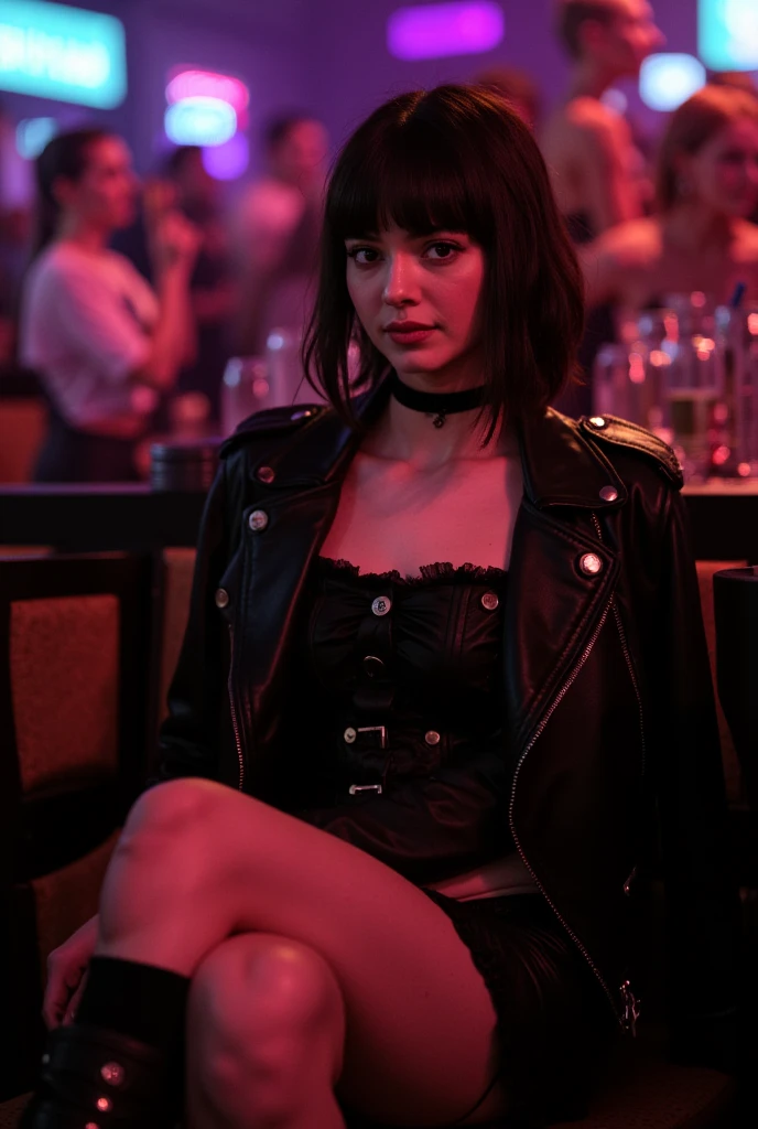Une femme brune habillée en robe de soirée noir dans une discothèque la nuit avec des lumières colorées qui reflète sur elle