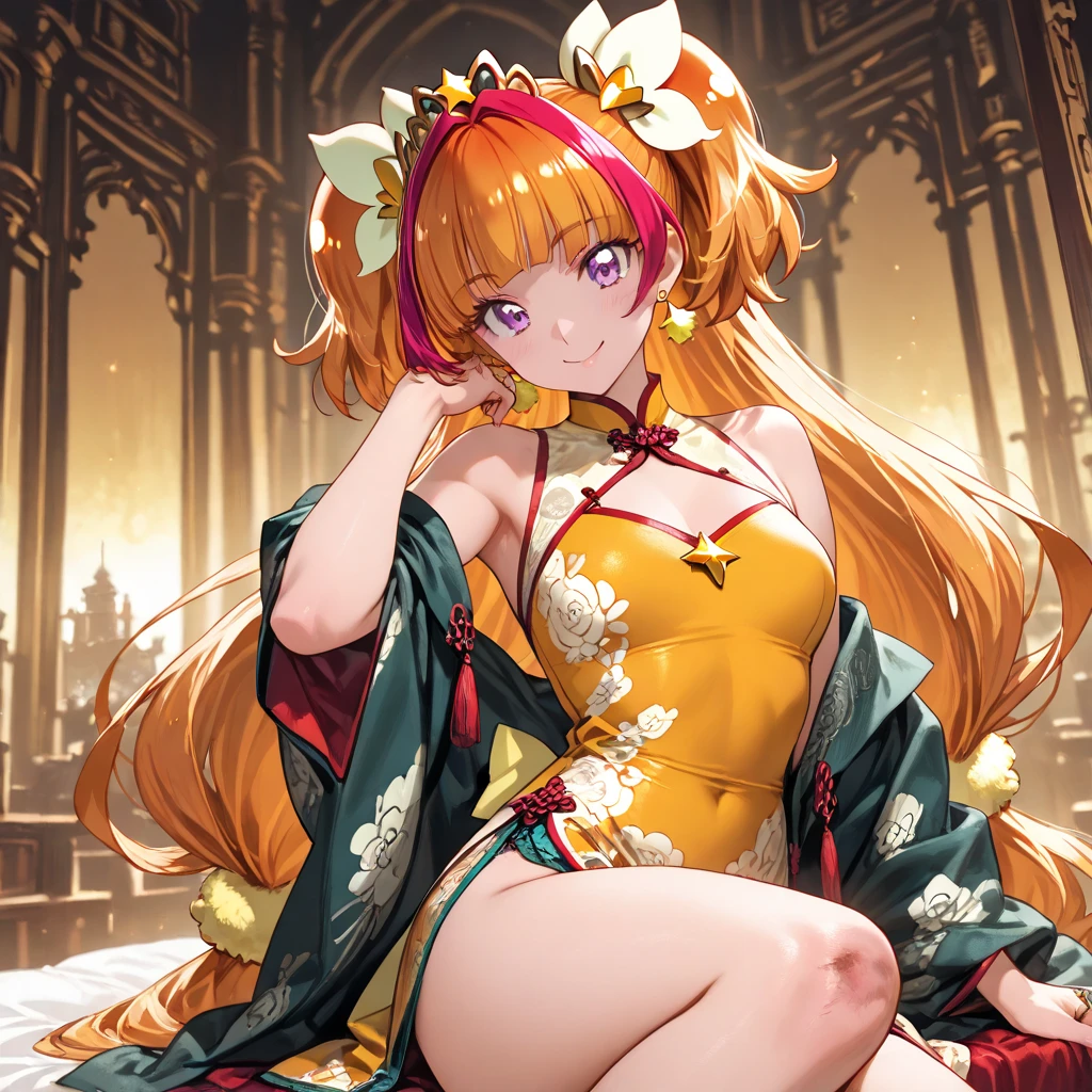 1 girl, long ginger hair, fox ears, only fox ears, amber eyes, extremly detailed eyes, extremly detailed, blushing, (face perfect:1.1), (high detal:1.1), top-quality, huge breasts, sexy and seductive, wearing golden erotic kimono, tall women, long flufy nine fox tails, multiple tails, thicc thighs, wide hips, smile, horny, absurdes, high res, ultra sharp, 8k, masterpiece, looking at viewer