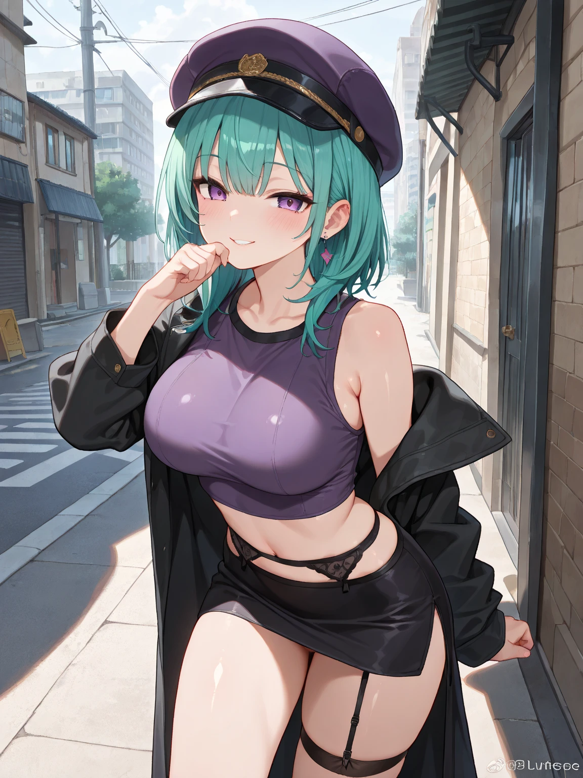 (from below:1.2),(from side:0.9), ((beautiful Face)), (Close-Up:0.6), ((looking at viewer, holding a icecream)),(Italian sweets magazine cover:1.4), highest quality、(real、photorealistic:1.5),(ultra high resolution,dark blue hair,long hair,side ponytail,hair between eyes,bangs, (beret, black jacket, open clothes, cleavage, midriff, black perfect mini skirt, black thighhighs, thigh strap, fingerless gloves, single glove:1.2), (double breasted,under bust:1.2), sitting at a table, cute, anime visual of a cute girl, cute anime girl, eating cakes, young anime girl, guweiz, high quality anime artstyle, anime girl, artwork in the style of guweiz, beautiful anime girl, pretty anime girl, (anime girl), official artwork,(with sparkling eyes and a contagious smile),her thin pubic hair, looking at viewer, pose muy sexy"