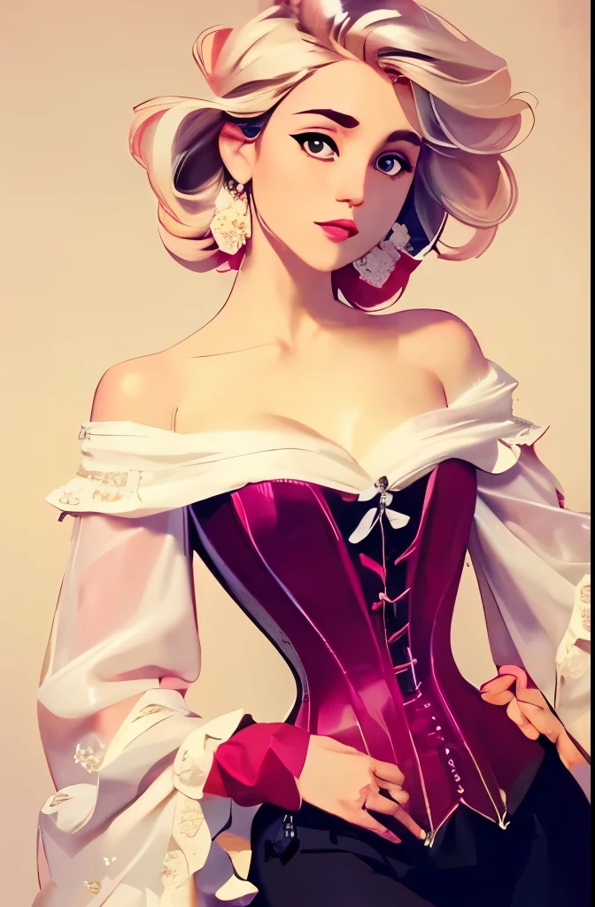 A striking floral corset adorned with a delicate pastel color palette captures attention, featuring pink ribbons and intricate lacing that accentuates the figure. The top of the corset is embellished with a ruffled trim, seamlessly blending with soft, flowing sleeves of pale pink fabric that fall gently from the shoulders. Set against a warm, muted yellow background, the composition creates a sense of warmth and femininity, evoking a playful yet elegant mood. The lighting highlights the textures of the fabric, enhancing the visual appeal while suggesting a casual yet stylish atmosphere. This ensemble suggests a celebration of vintage-inspired fashion, reflecting a blend of modern chic with classic elements.