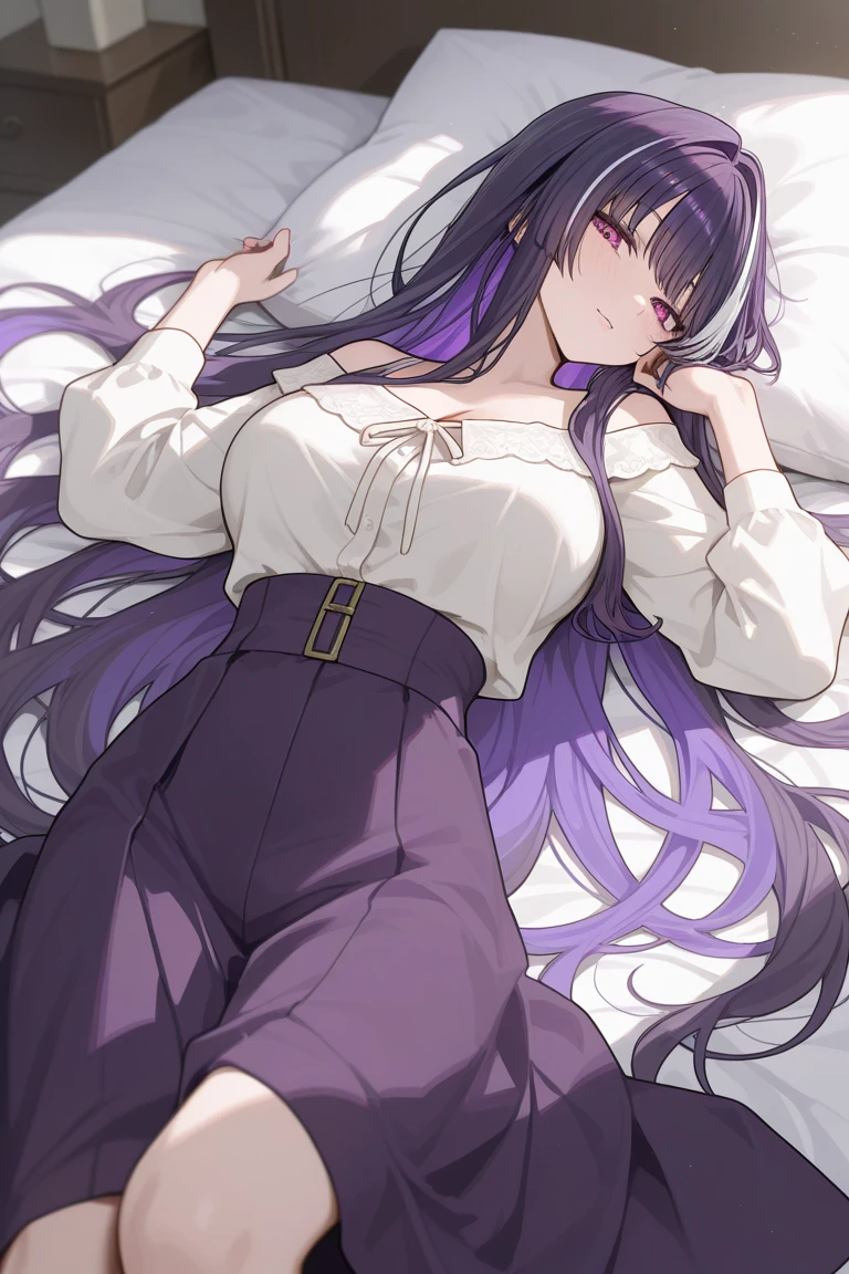 <lora:yandere_trance_v1_pruned:1>yandere trance <lora:ChamFernPonyXL:1> FernFrieren,purple eyes,purple hair, long hair,half updo,hair ornament,large breasts,FernBase,white dress, collared dress, black robe, Score_9, Score_8_up, Score_7_up, Score_6_up, Score_5_up, Score_4_up, BREAK,1girl in full growth, best quality, masterpiece, ultra-detailed, high quality,good quality,1 girl,(master piece,high resolution, ultra detailed,8K,16K),look at viewer