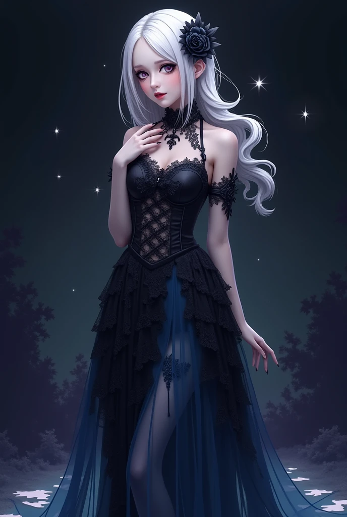 I want an albino in anime , chubby well proportioned with good hips Red eyes and semi curly hair That is a witch dressed in black That is imposing but very seductive that is of a thick build a little thicker with wide hips and large breasts With an unmatched beauty and that her hips are thicker