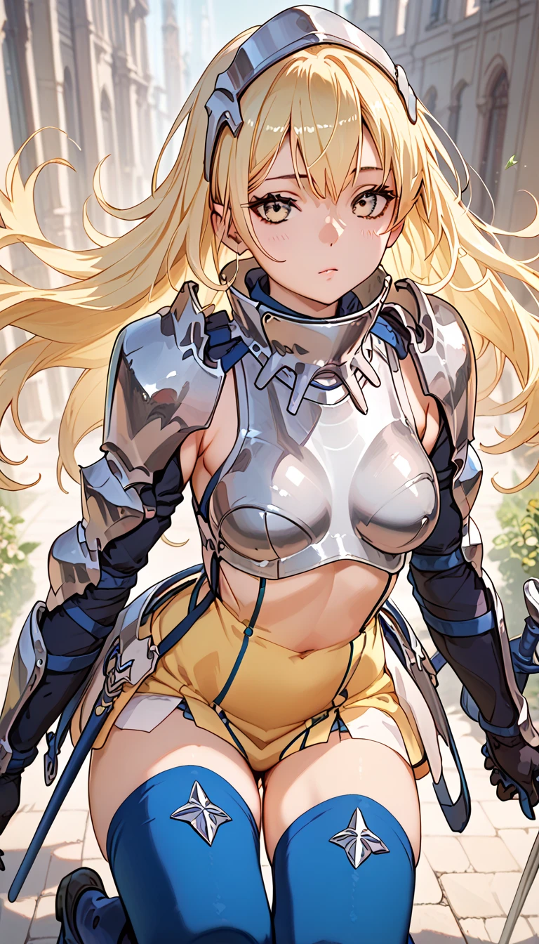 (masterpiece:1.2), (Highest quality:1.2), Perfect Eyes, Perfect Face, Perfect lighting, desert ((((white bikini armor)))), Browsing Caution,　1 girl, blonde, Yellow-green eyes, Close one eye, (((Wavy Hair))), good_head, Medium Hair,  Cute eyes　Looking at the audience　((From above)), ((Abdominal muscles)), (tooth), Sweat, Mouth closed, (((Glare))), smile, ((Contempt的な)), ((Contempt)), Contrasting, Arms crossed, ((Big Breasts))