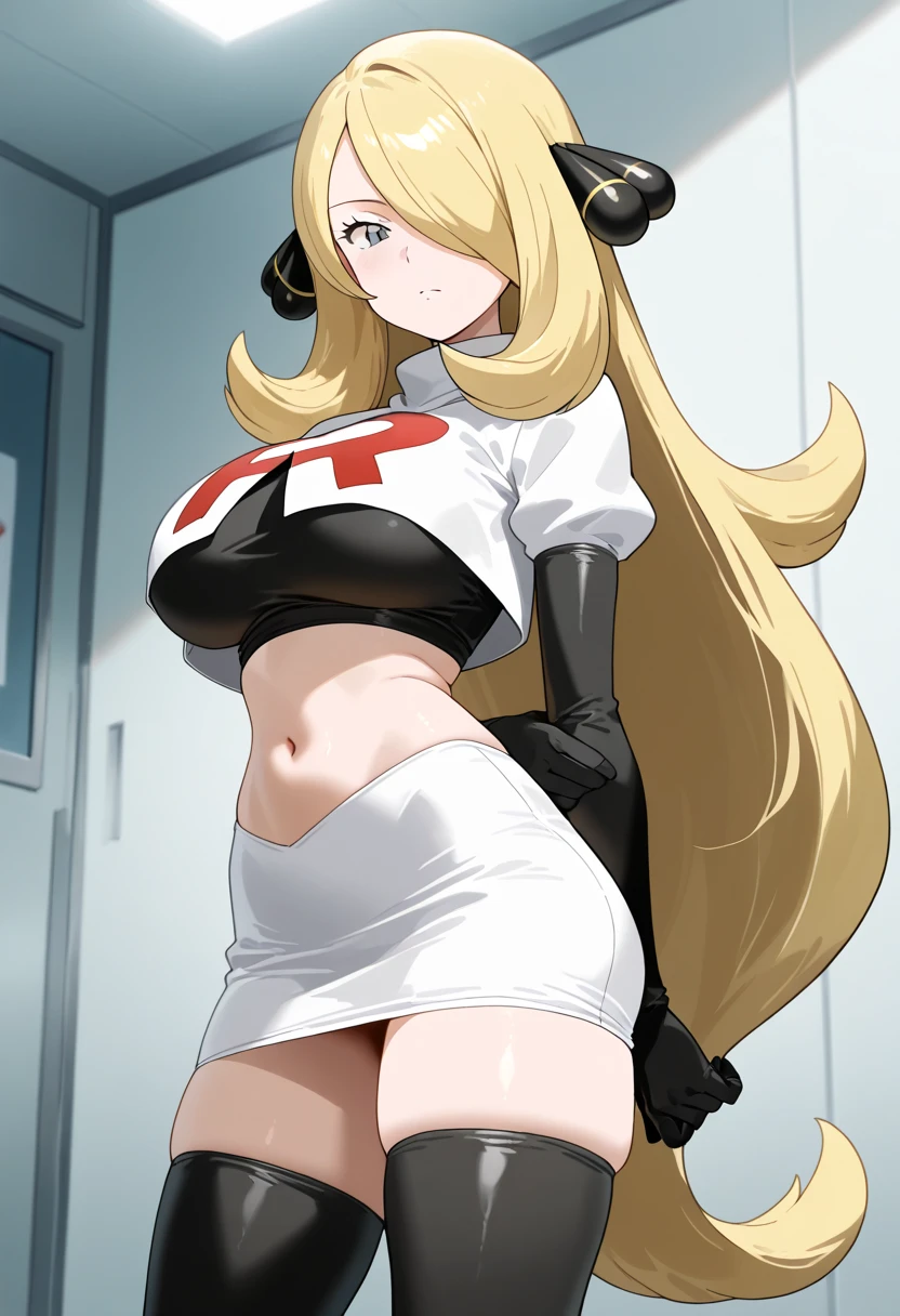((masterpiece, best quality)),very detailed, simple eyes,(large breasts),((1girl)), saren_\(princess_connect!\),bangs, black_bow, blonde_hair, blue_eyes, blush, bow, breasts, elf, hair_bow, hair_ornament,long_hair, looking_at_viewer, pointy_ears, team rocket,team rocket uniform,white skirt,red letter R,crop top,black thigh-highs,black elbow gloves,