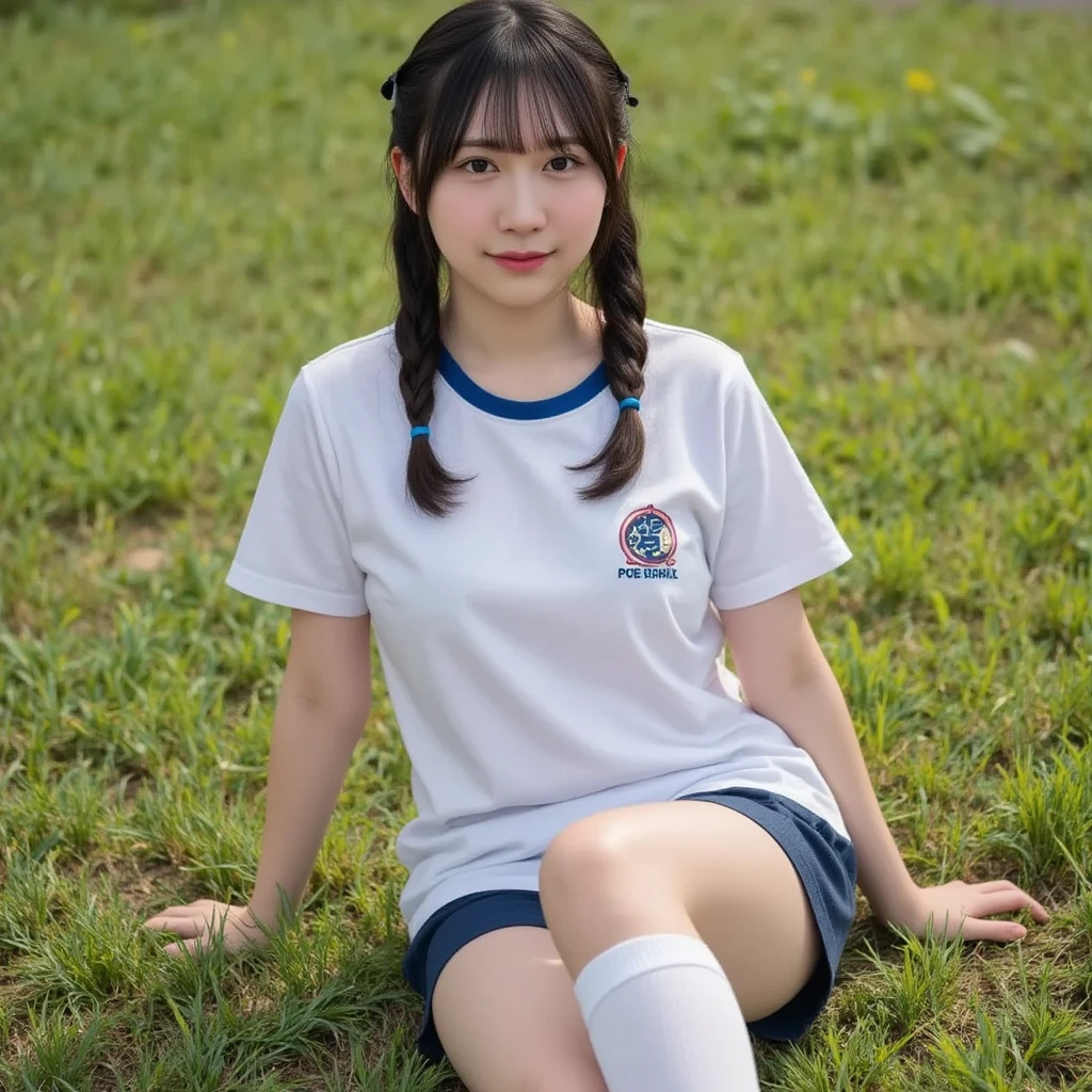 Ayumi Yoshida, , blue eyes, short hair, brown hair, bangs, hair band, shirt, plaid skirt, short skirt, :d, sitting, Mountain, river