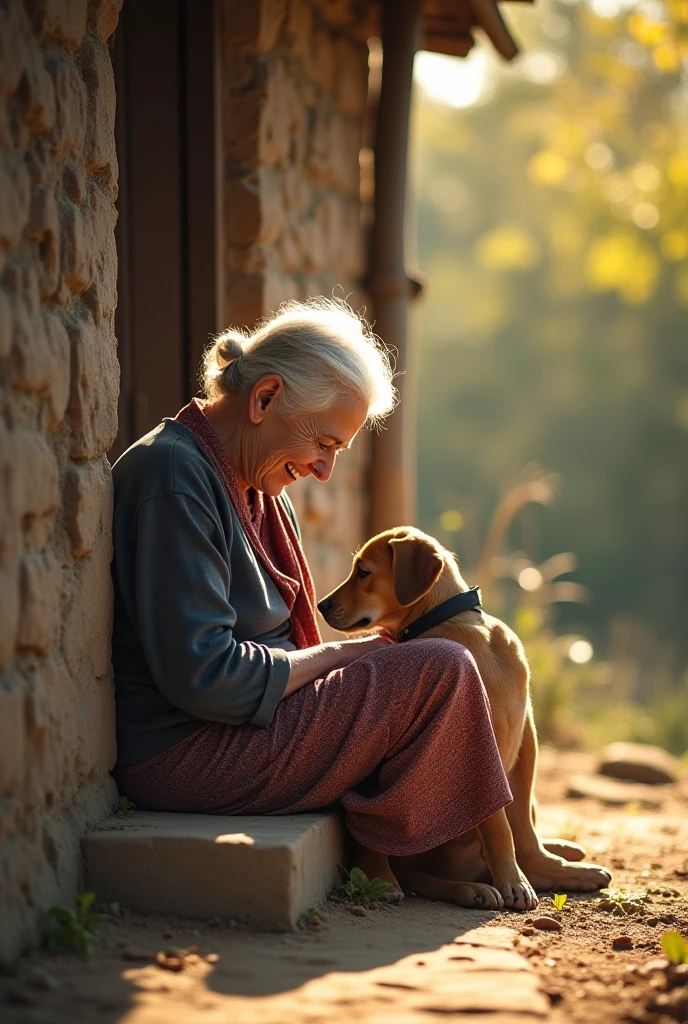 Make a landlady sitting with her golden curly haired granddaughter and her two dogs, a big brown labrador and a small white puddle
